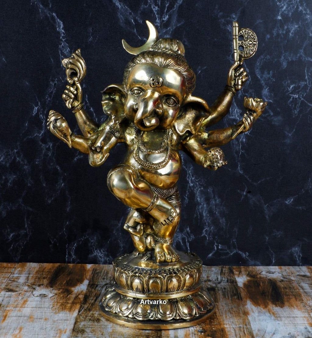 Artvarko 15 Inch Big Brass Dancing Ganesha Idol Six Arms Moon on Ganesha Head Puja Sculpture Home Office Gifts Decor
