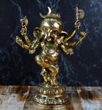 Artvarko 15 Inch Big Brass Dancing Ganesha Idol Six Arms Moon on Ganesha Head Puja Sculpture Home Office Gifts Decor
