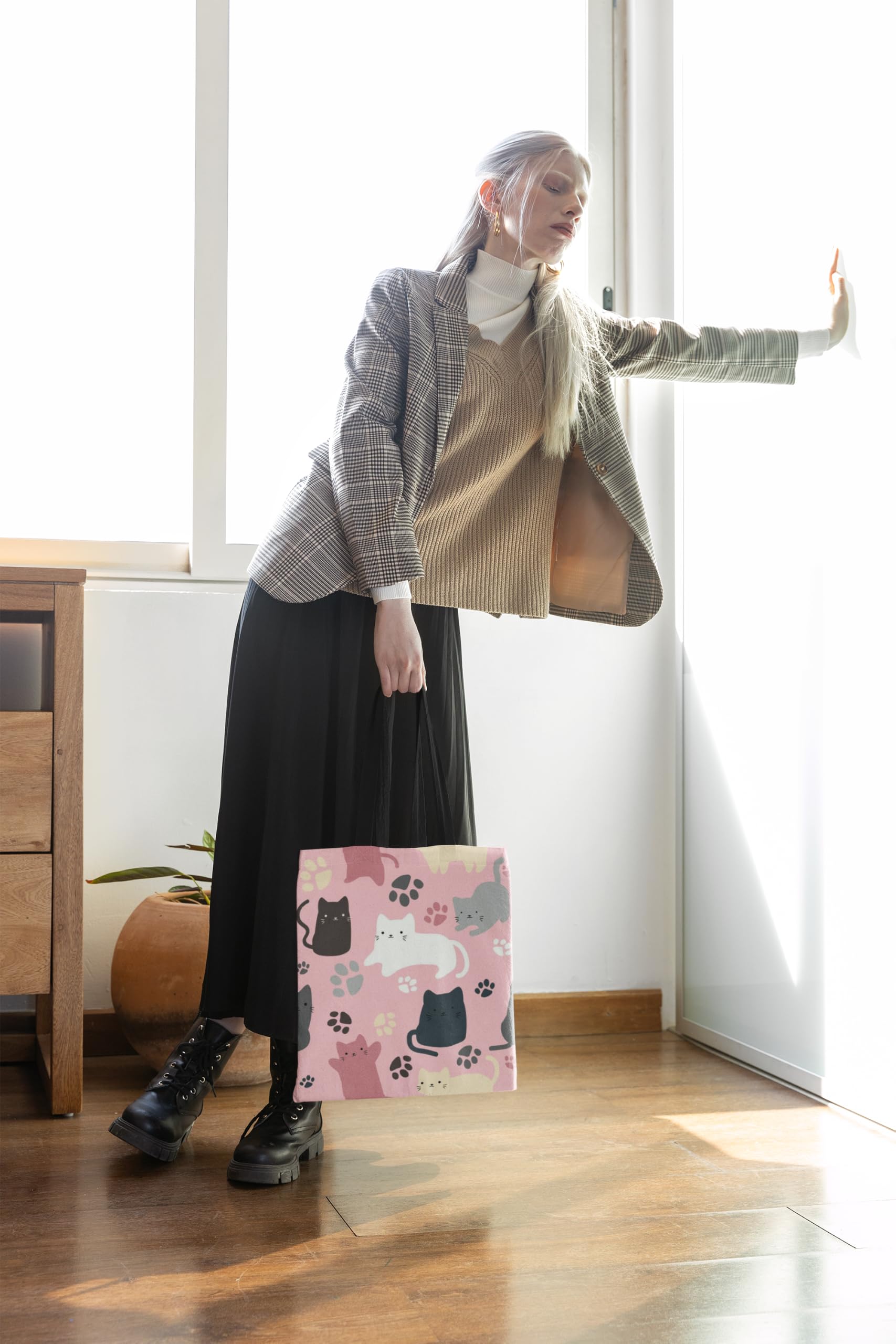 Whyt One Trendy Reusable Cotton Tote Bag with chain. Uses for Grocery Shopping, Beach Trips, and Daily Essentials and Graphic Print for Fashion Lovers. (Cats, Reguler)