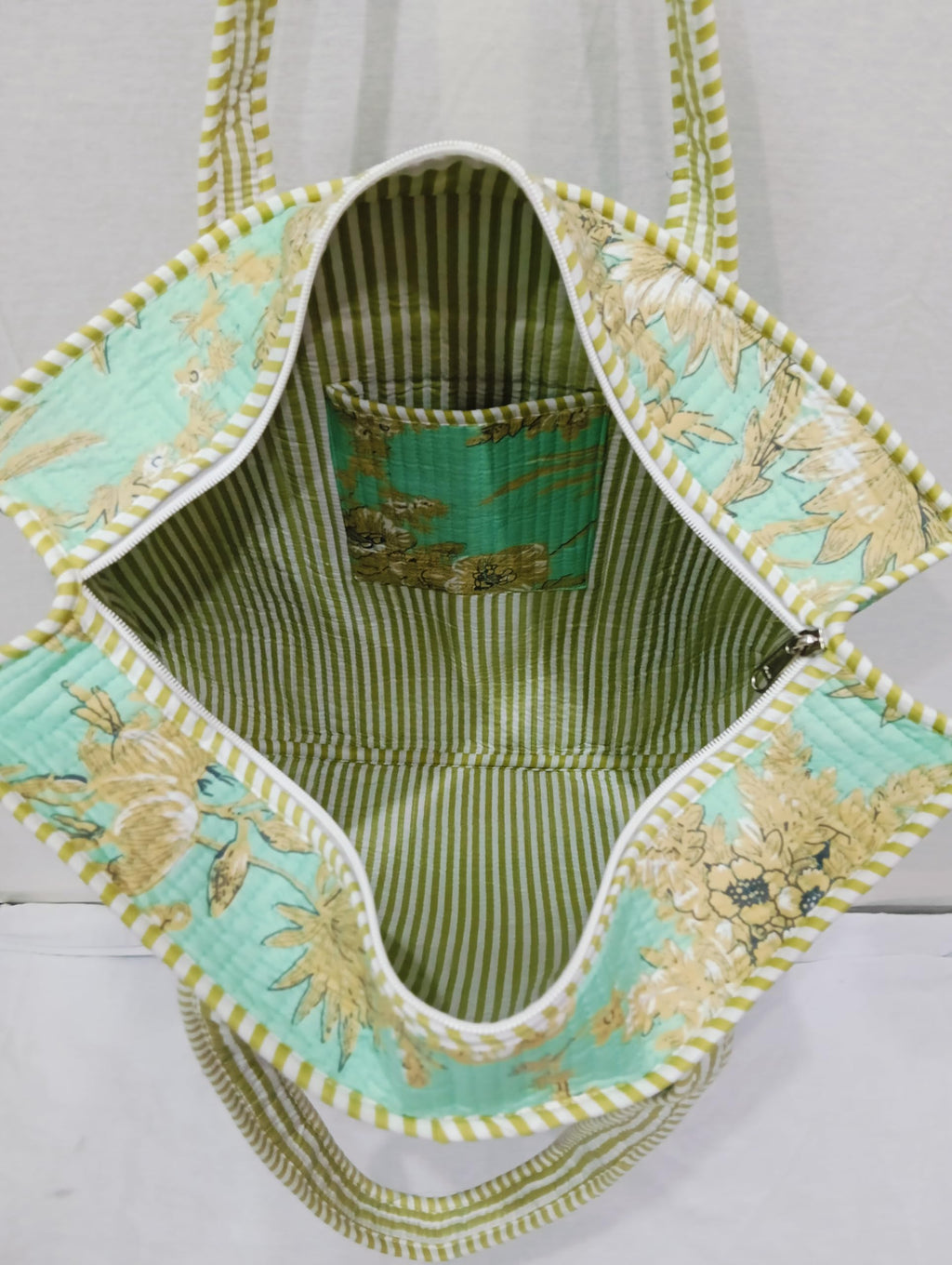Raj Handicrafts Cotton Printed Tote Bag,Hand Bag Multicolor Quilted Hand Block Floral Printed Women's Carry Bag Shoulder Shopping Tote Bags 18x5.5x16 Inch (Sea Green 3)