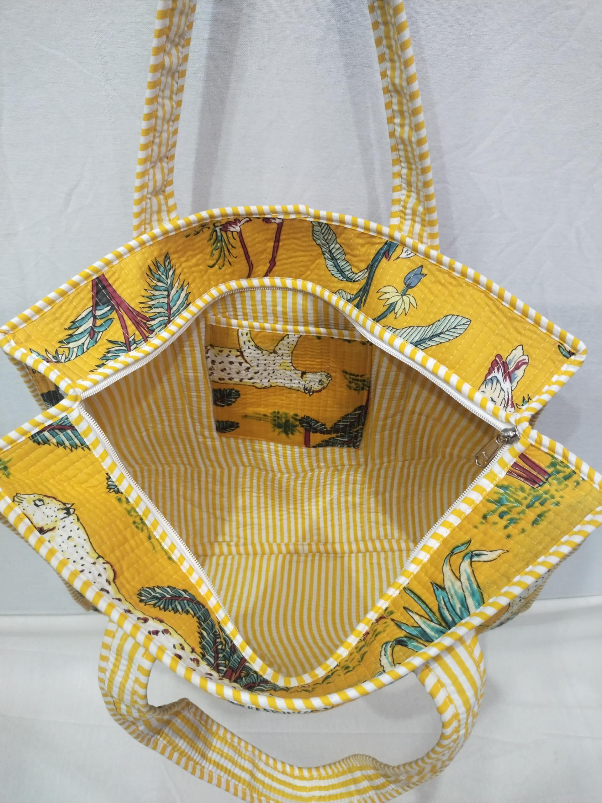 Doraya Cotton Printed Tote Bag,Hand Bag Multicolor Quilted Hand Block Floral Printed Women's Carry Bag Shoulder Shopping Tote Bags 18x5.5x16 Inch (Yellow 5)