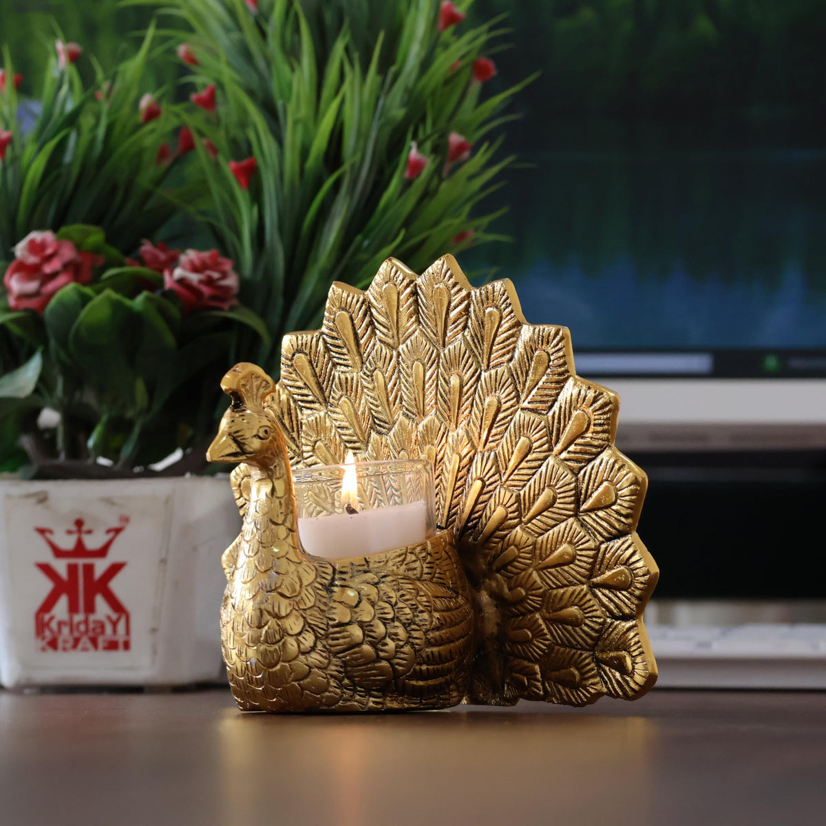KridayKraft Metal Dancing Peacock Pair Vastu Figurine for Good Luck, Love and Prosperity | Aluminium Votive Candle Holder Showpiece for Diwali, Housewarming and Anniversary Gifting.