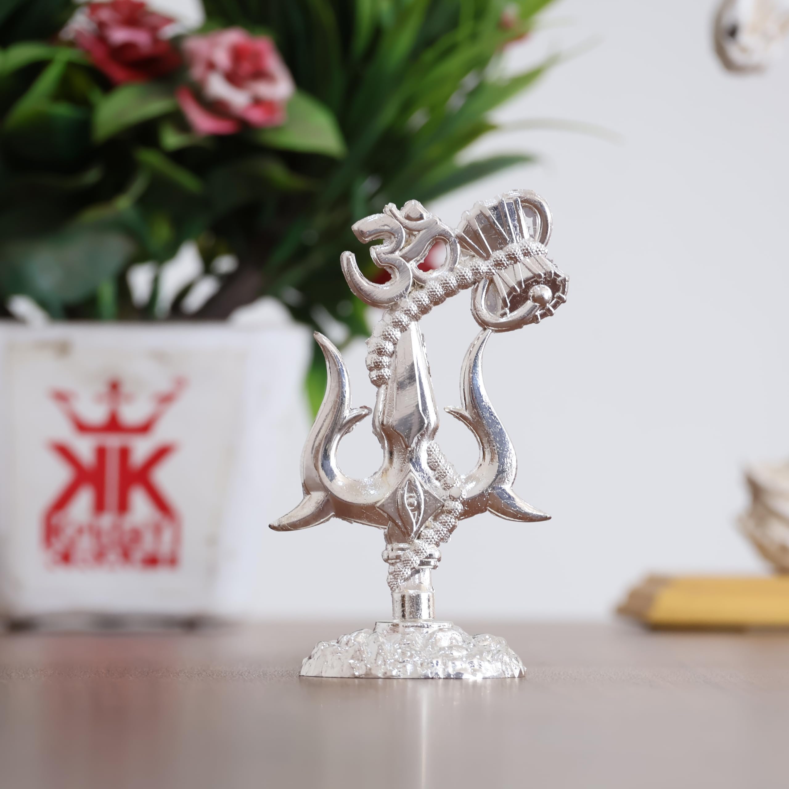 KridayKraft Metal Shivshakti Om Trishul Damru Rudaksha Mala Idol Symbol Statue. (Silver Finish)