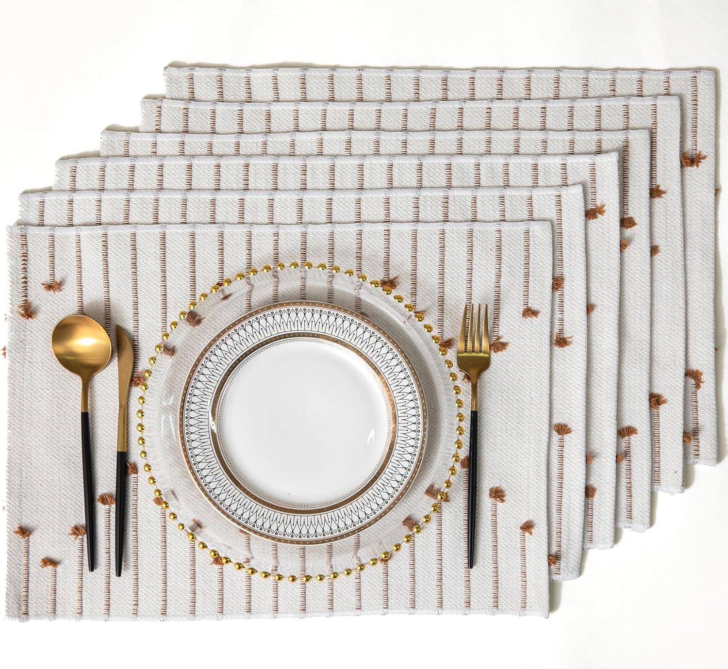 ALSTONIA Handmade Cotton Dining Table Placemats | Heat Resistant Dining Table Place Mats |Kitchen Tabletop|Kitchen Coffee Center Table & Eating Areas (Brown & White,6 Pcs Placemats) Kafalo