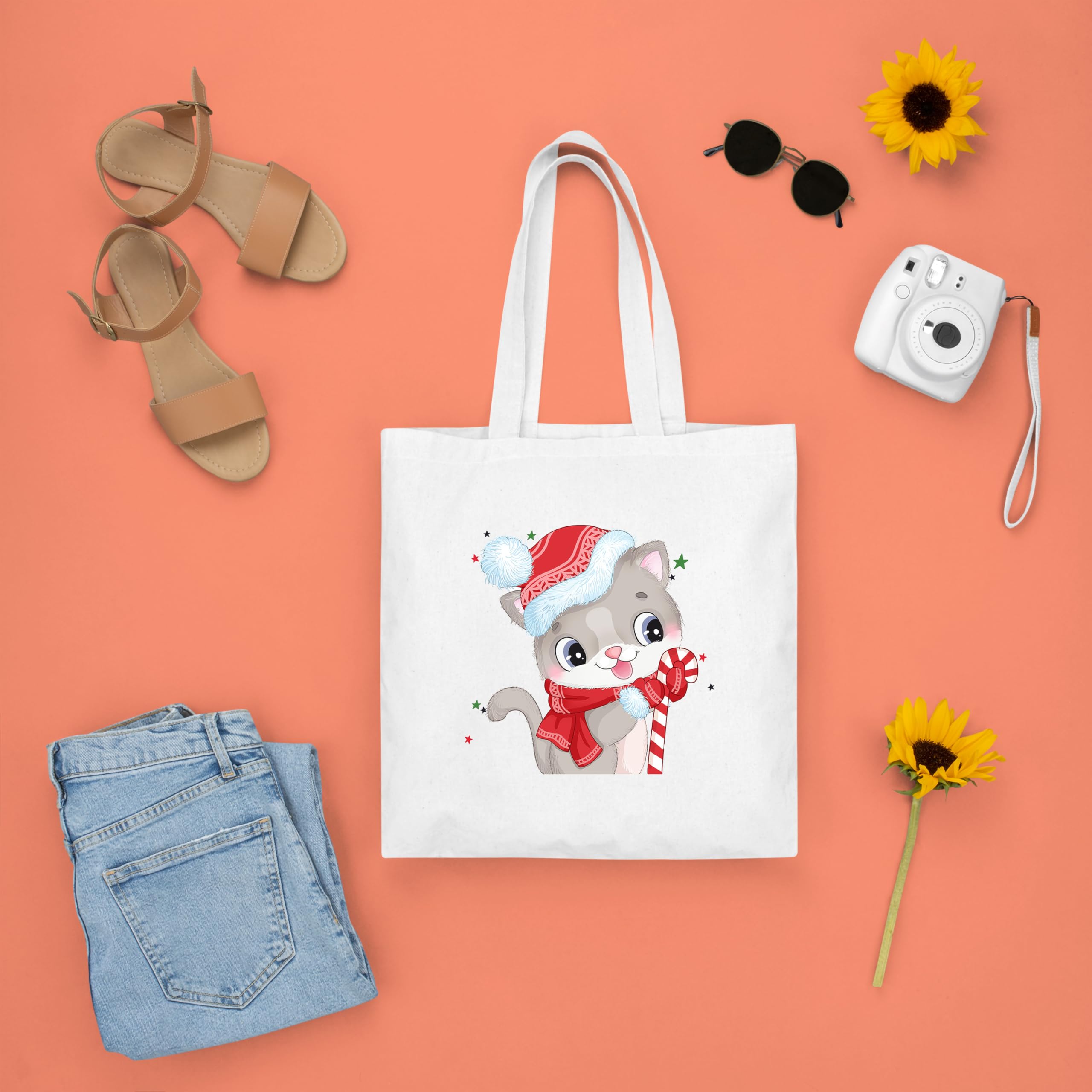 Happu Christmas White Cotton Canvas Tote Bag with Zip | Festive Printed Reusable Tote for Women & Girls | Eco-Friendly, Washable & Multi-Purpose Gift Bag HPK-3430