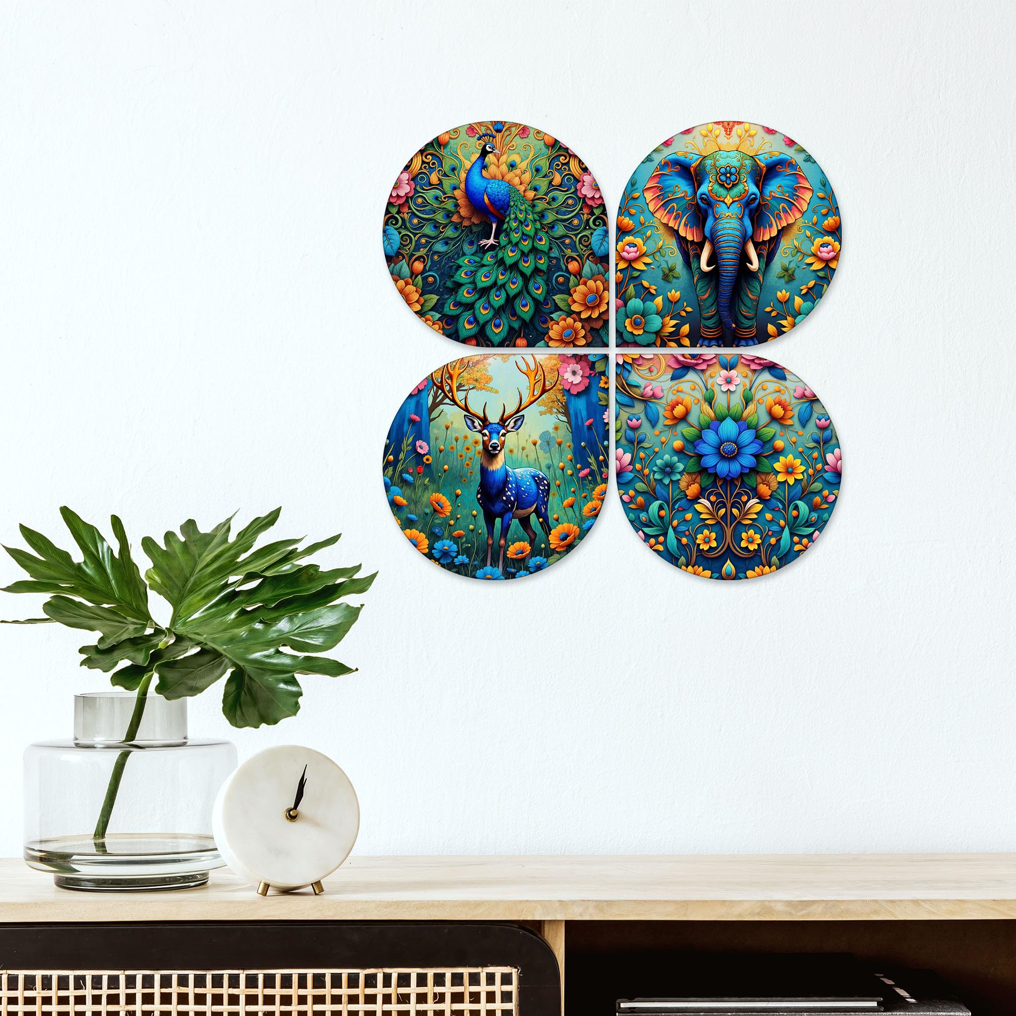 Artvibes Nature Wooden Art Decoration Item for Home | Handcrafted Art | Decoration Wall Hanging Items | Wall Sculpture | Wall Art Print | Paintings For Wall | Unique Gift Items (WH_8425N), Set of 4