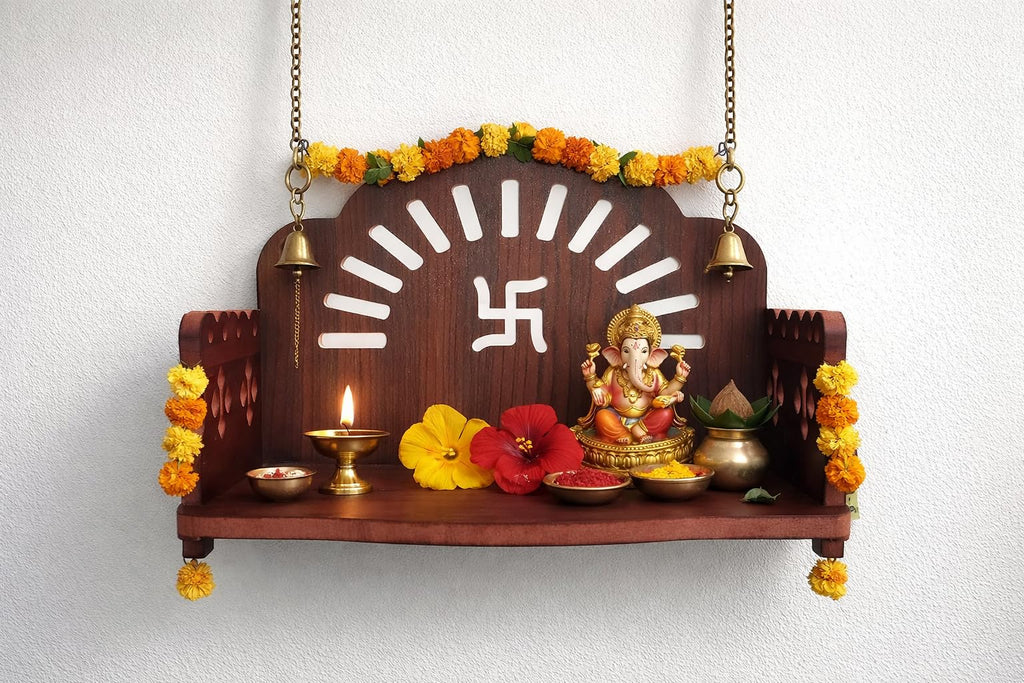BerryBox Wooden Pooja Mandir for Home & Office - Mini Pooja Stand for Wall Hanging | Small Wood Temple for Desk & Shelf | Compact Devghar for Home Wall Mounted & Tabletop (8.5 x 6 x 5.5 Inch, Brown)