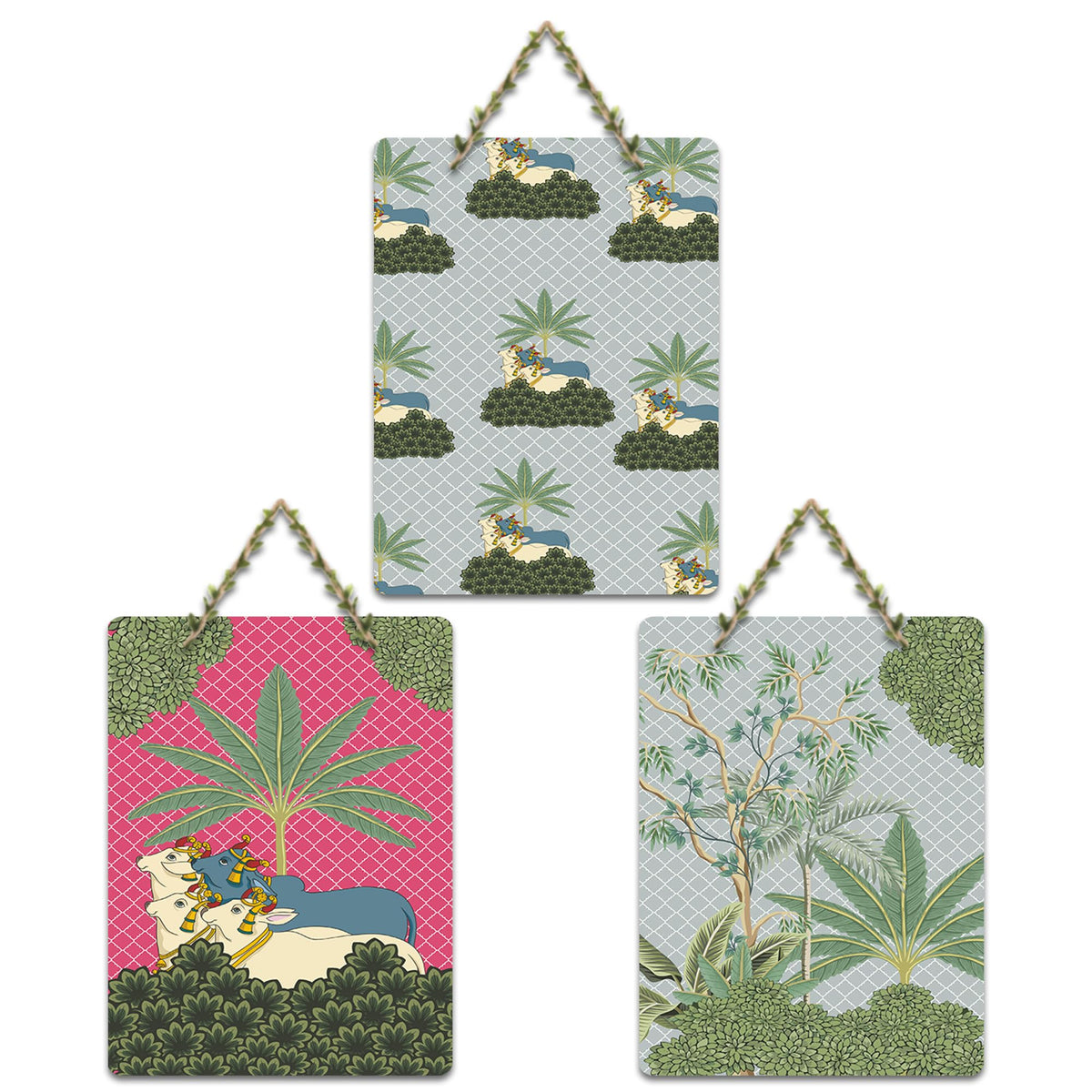 Artvibes Sacred Cows & Mother Nature Aesthetic Modern Art Decorative Wall Hanging Ornaments | Handcrafted Art | Graphic Artwork | Wall Poster | Sceneries | Unique Gift Items (WH_9698N), Set of 3