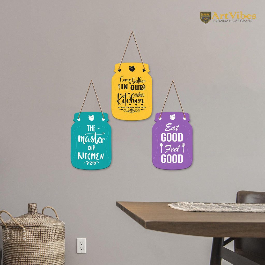 Artvibes Eat Good Feel Good Printed Wooden Wall Hanging for Kitchen | Cafe | Restaurant | Dining Room | Quotes Decor Item | Wall Poster | Food Quotes Decoration | Gift Items(WH_8907N), Set of 3