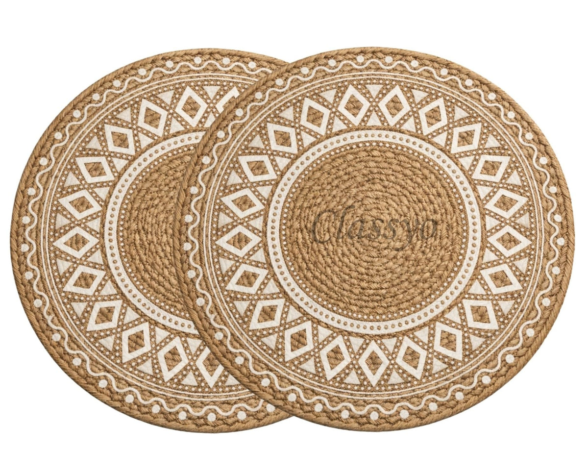 Classyo Cotton Coasters for Dining Table, 10 inch (Brown Design, Pack of 2) | Round Placemats for Hot Pots, Plates and Pans | Dining Table Placemats | Dining Table Mat | Washable Round Table Mats Kafalo