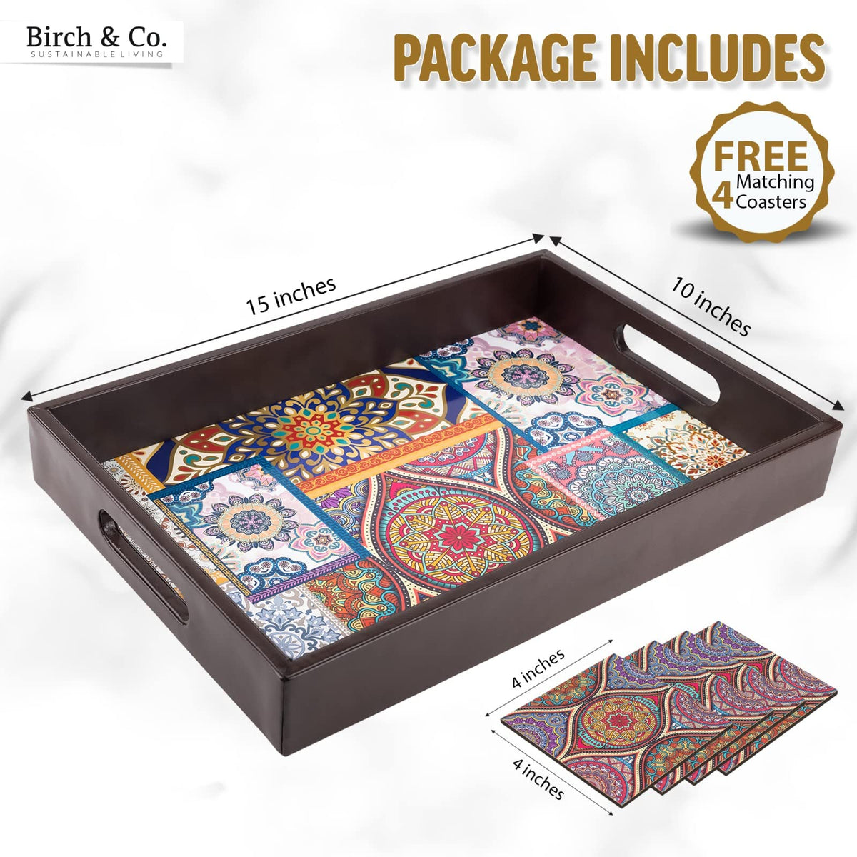 Birch & Co. Wooden Tray For Serving-Free 4 Coasters-10 Inch X 15 Inch-Serving Tray-Tray Set For Decoration-Tea Trays-Big Coffee Tray-Premium Mdf Trey-Wooden Serving Trays-Resin Tray,Round