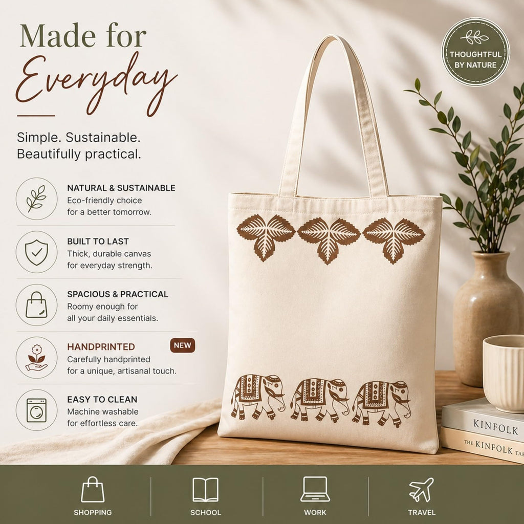 Neelkanth Imprint Eco-Friendly Hand Block Printed Elephant Border Cotton Canvas Tote Bag, Reusable Shopping & Daily Use Shoulder Handbag
