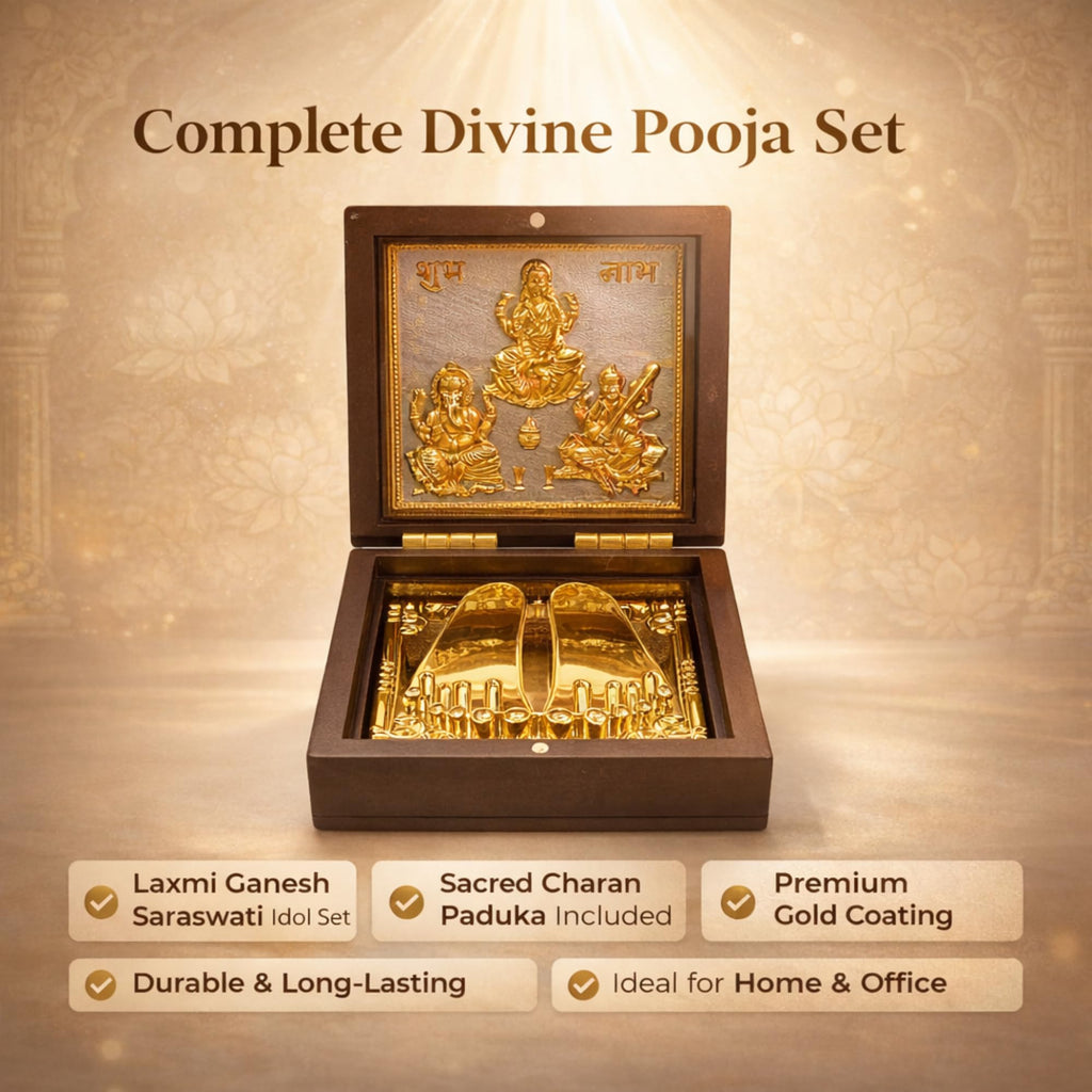 DK trades Gold Coated Ganesh Laxmi Sarswati for Diwali Pooja Box Premium Gold Laxmi Ganesh Sarswati for Diwali Pooja Box| Pocket Temple Laxmi Ganesh Sarswati with Charan Paduka |Unique Home, Office