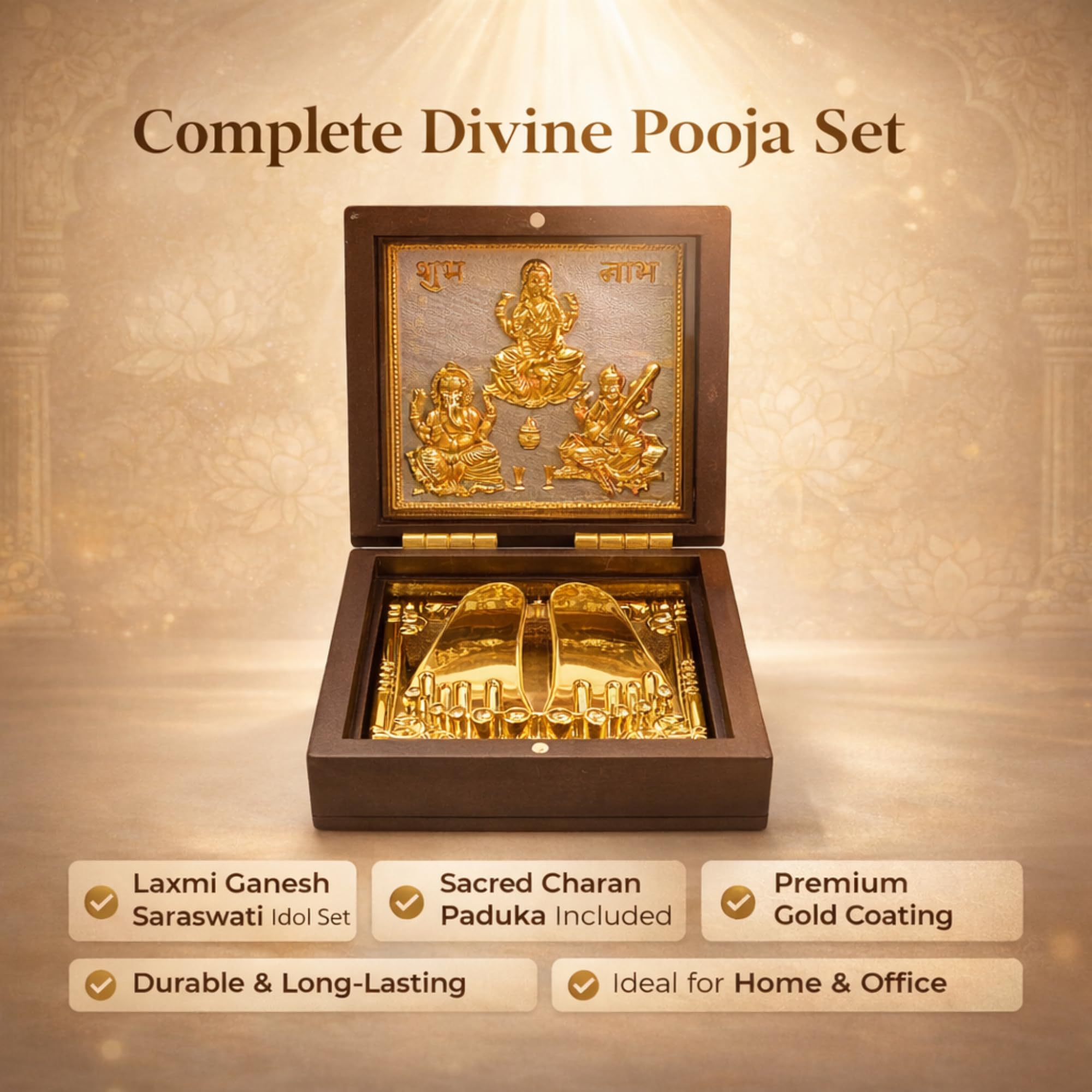 DK trades Gold Coated Ganesh Laxmi Sarswati for Diwali Pooja Box Premium Gold Laxmi Ganesh Sarswati for Diwali Pooja Box| Pocket Temple Laxmi Ganesh Sarswati with Charan Paduka |Unique Home, Office