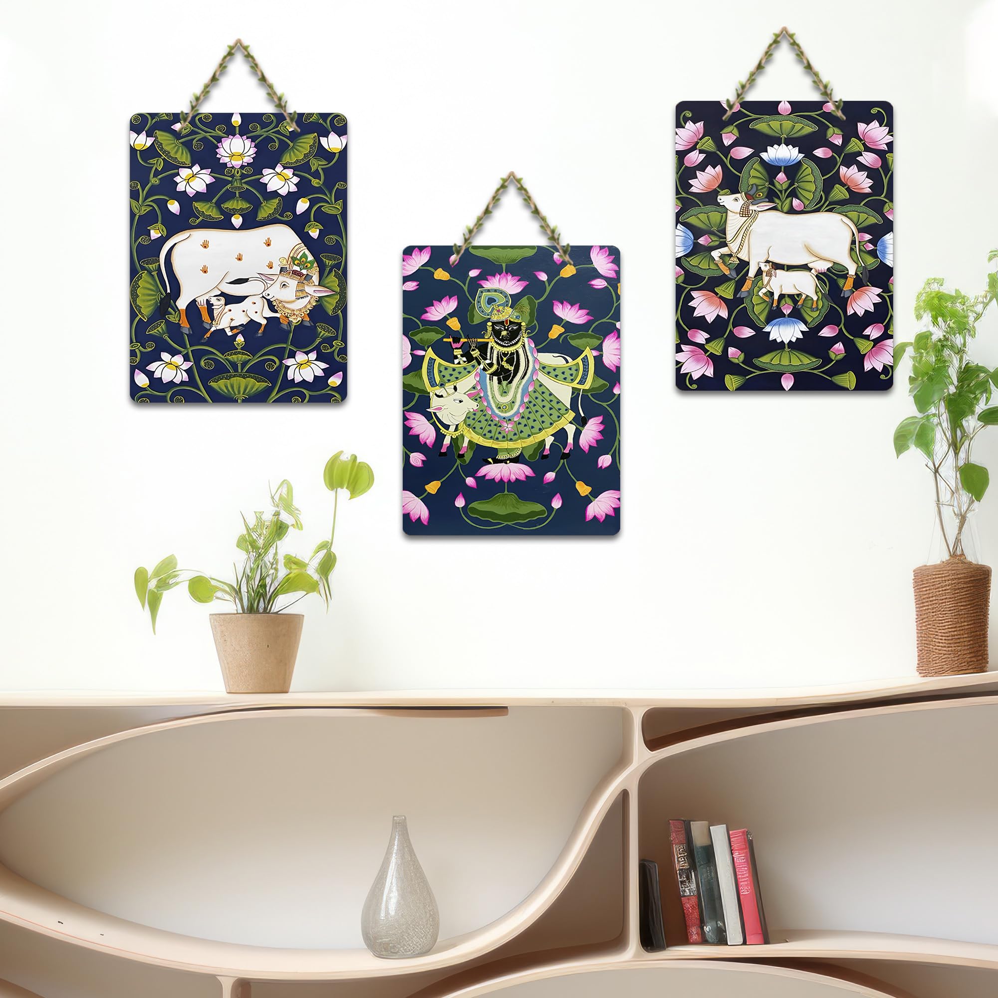 Artvibes Shreenathji & Sacred Cow Religious Art Wall Hanging Home Decorative Wall Art for Living room | Religious Decor Items | Wall Poster| Stylish Modern Decor Item | Gift Items (WH_9682N), Set of 3
