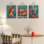 Artvibes Vibrant Portrait, Elephant and Peacock Wooden Wall Hanger for Home Decor | Handcrafted Art | Festive Decor | Wall Art Print | Paintings For Wall | Unique Gift Items (WH_9615N), Set of 3