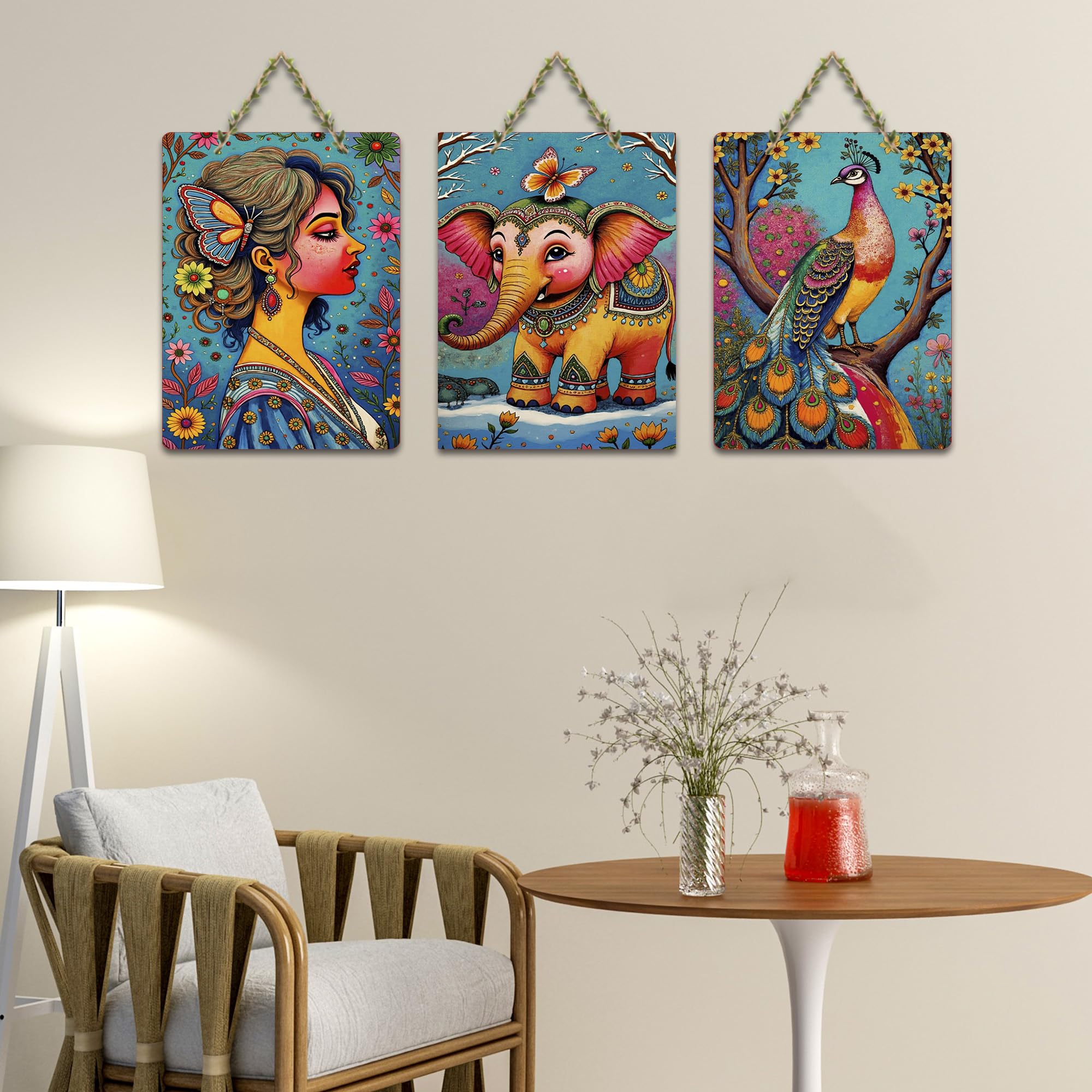 Artvibes Vibrant Portrait, Elephant and Peacock Wooden Wall Hanger for Home Decor | Handcrafted Art | Festive Decor | Wall Art Print | Paintings For Wall | Unique Gift Items (WH_9615N), Set of 3