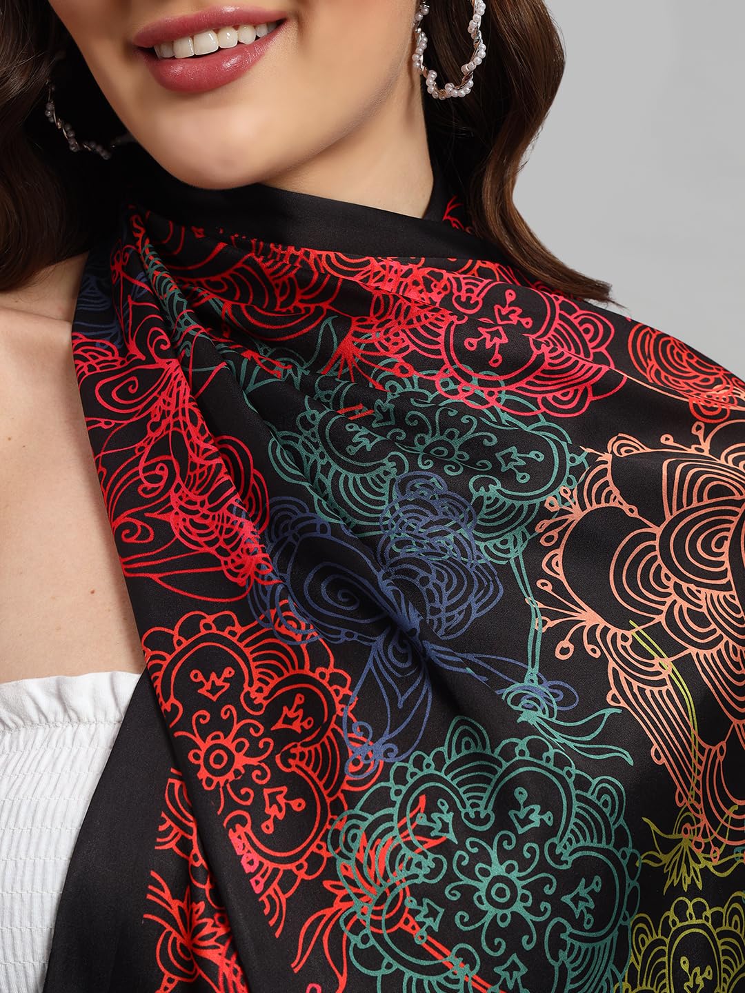 Ravaiyaa - Attitude is everything Women Lightweight Printed 100% Satin Silk Scarf Stoles for Female Breathable Neckerchief Head Beach Wrap Scarves (Black Butterfly, 70 X 20 Inch)