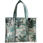 Handcrafted Quilted Cotton Tote Bag for Women, Printed Shoulder Bag with Jungle Animal Pattern, Lightweight Reusable Shopping & Daily Carry Tote, Large Size 18 x 18 x 5 Inches (Light Brown)