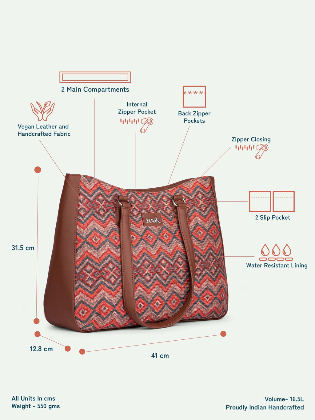 ZOUK Gwalior Weaves Getaway Handbag | Jute | Vegan Leather Handcrafted Tote Bag | Multicolor