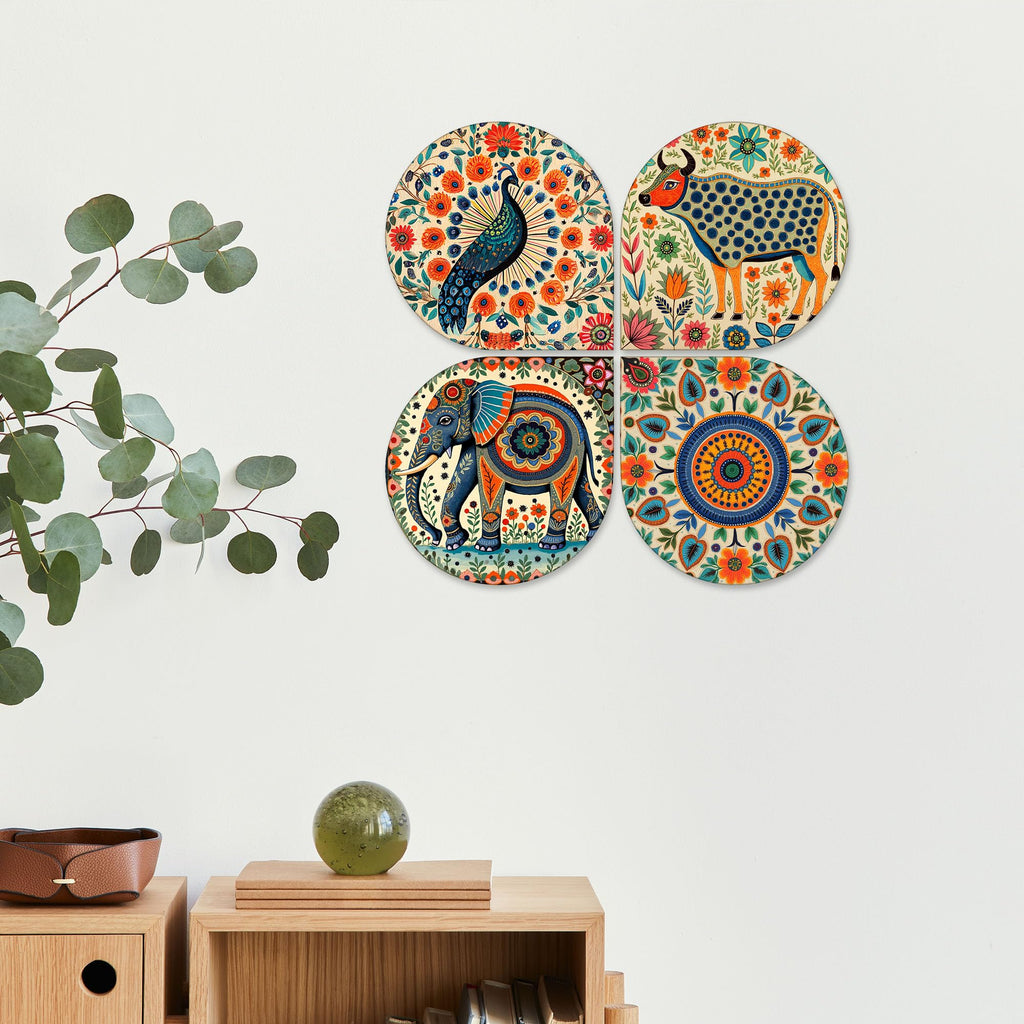 Artvibes Folk Fusion Wooden Art Decoration Item for Living Room | Wood Decorative Items | Modern Decoration | Artwork | Festive Decor | Wall Poster | Handcrafted Art | Unique Gift (WH_8446N), Set of 4
