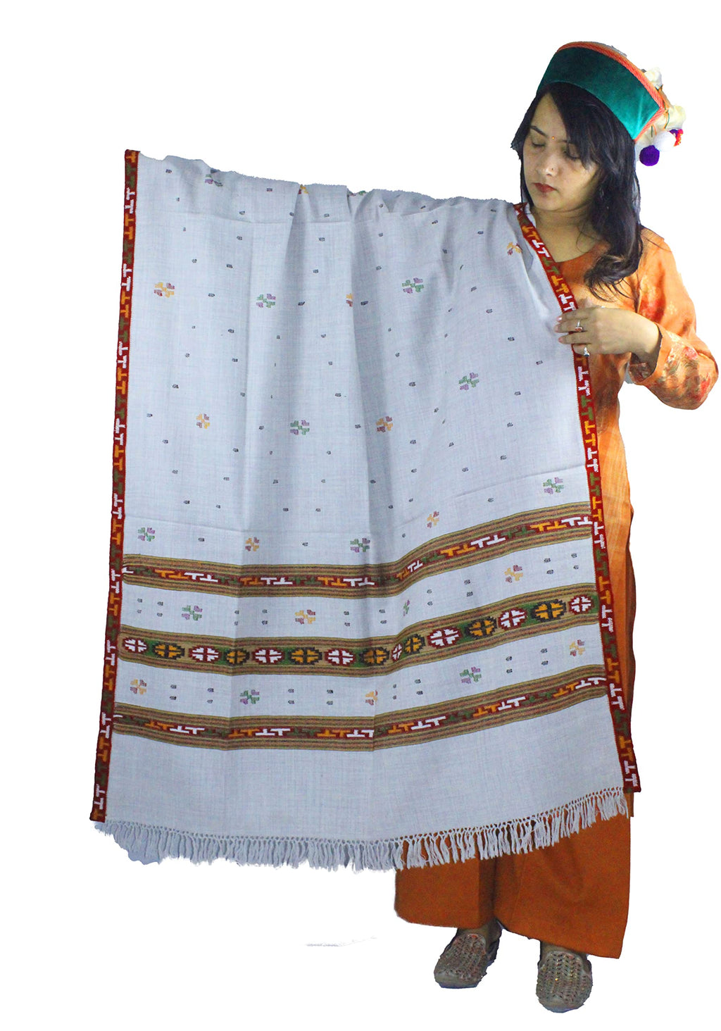 ARUNA Genuine HandWoven Kullu Woolen Shawl Silver- Colored with Beautiful HandWoven Embroidery for Women and Girls.