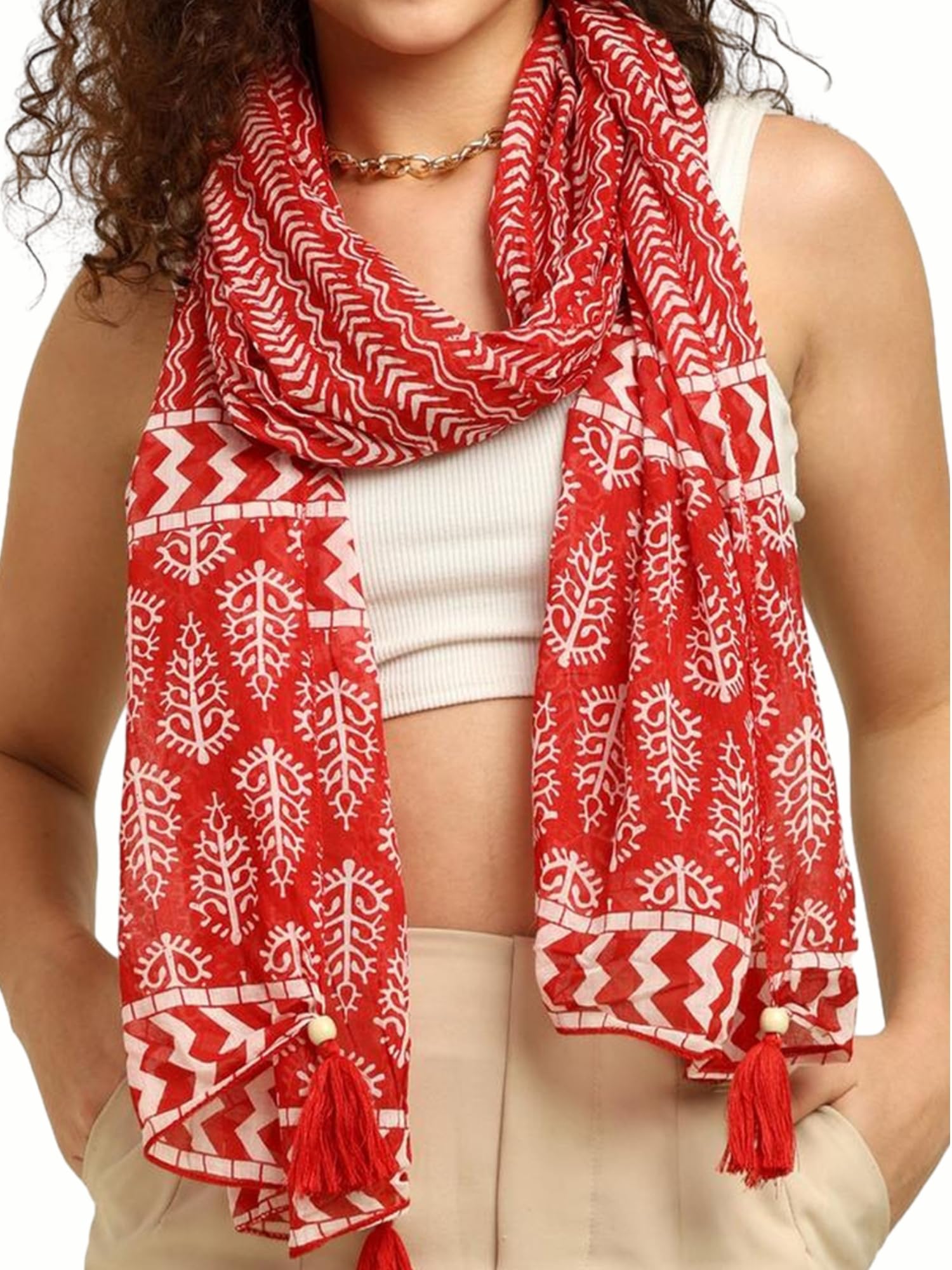 KE KANHA EXPORTS Scarf for Women Premium Cotton Boho | Dual Tone Border Print Stole with Tassels | Lightweight Summer Beach Wrap 180 x 50 cm (Red) FREE Scrunchie Included
