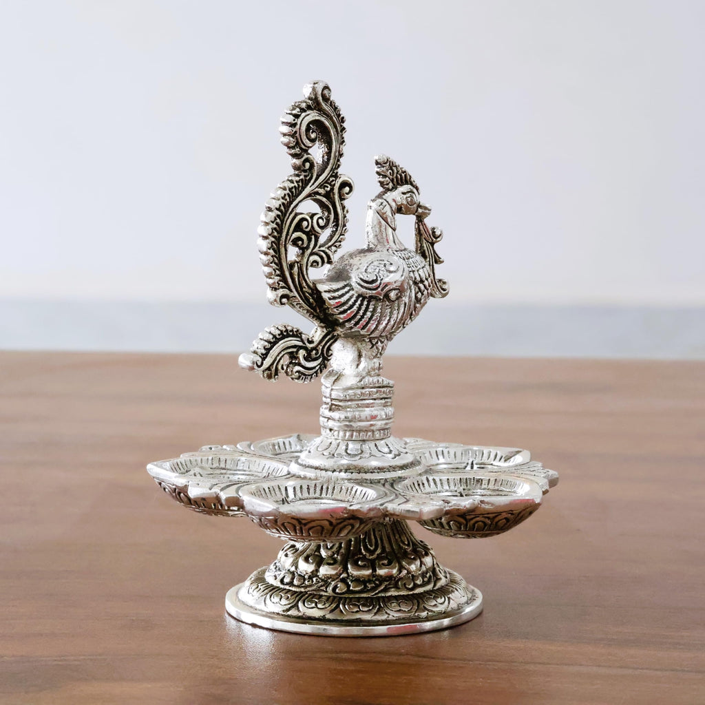Traditional Silver-Plated Peacock Pooja Thali, 5-Compartment Diya Stand with Ornate Design