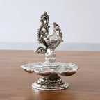 Traditional Silver-Plated Peacock Pooja Thali, 5-Compartment Diya Stand with Ornate Design
