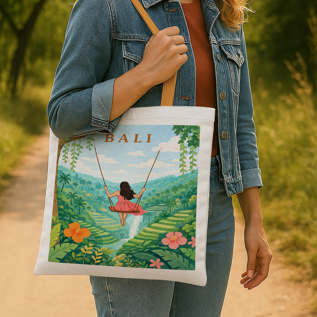 The Purple Tree WanderTote Travel Theme Tote Bag for Women, Aesthetic City Print Canvas Shoulder Bag, Reusable Eco-Friendly bag for Shopping & Everyday Carry Tote (Bali Edition)