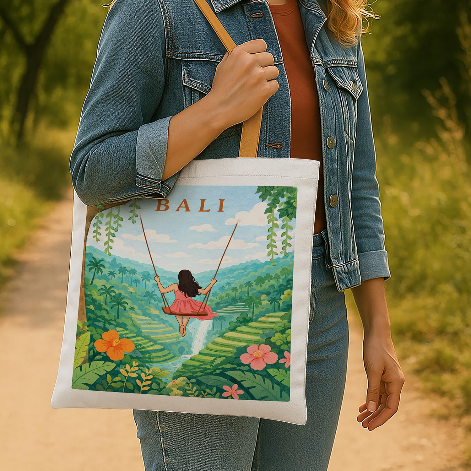The Purple Tree WanderTote Travel Theme Tote Bag for Women, Aesthetic City Print Canvas Shoulder Bag, Reusable Eco-Friendly bag for Shopping & Everyday Carry Tote (Bali Edition)