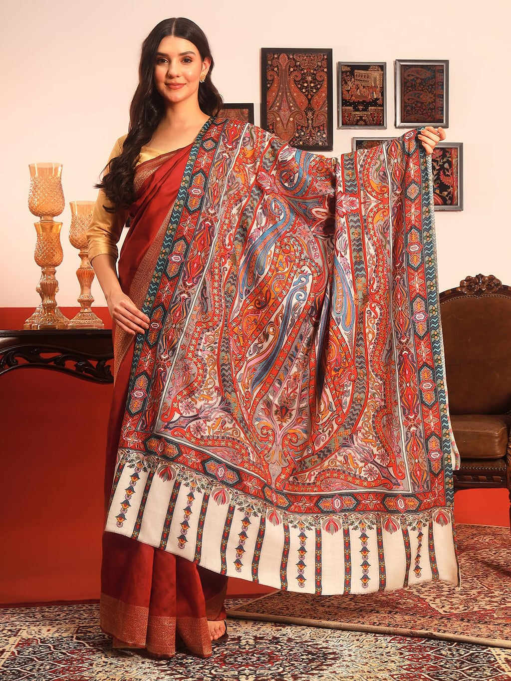 Pashmoda Women Rangrez Rangkalam 100% Pure Wool Fabric Kalamkari Embroidered Shawl (Size: 40x80in, 101x203cm) KAS23