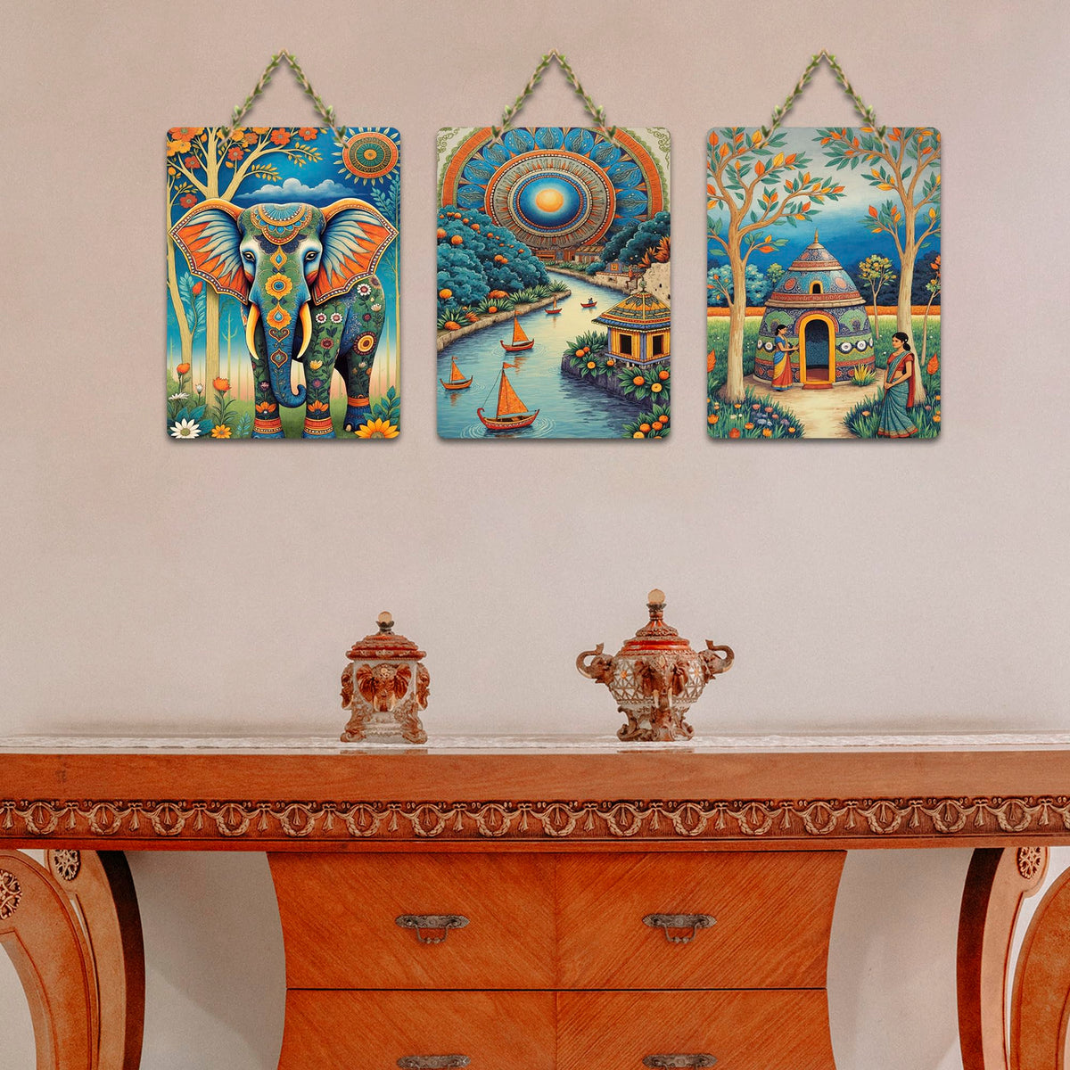 Artvibes Elephant & Colorful Indian Folk Art Decorative MDF Wooden Wall Art for Home | Printed Wall Decoration | Graphic Artwork | Aesthetic Wooden Decor | Sceneries | Unique Gift (WH_9669N), Set of 3