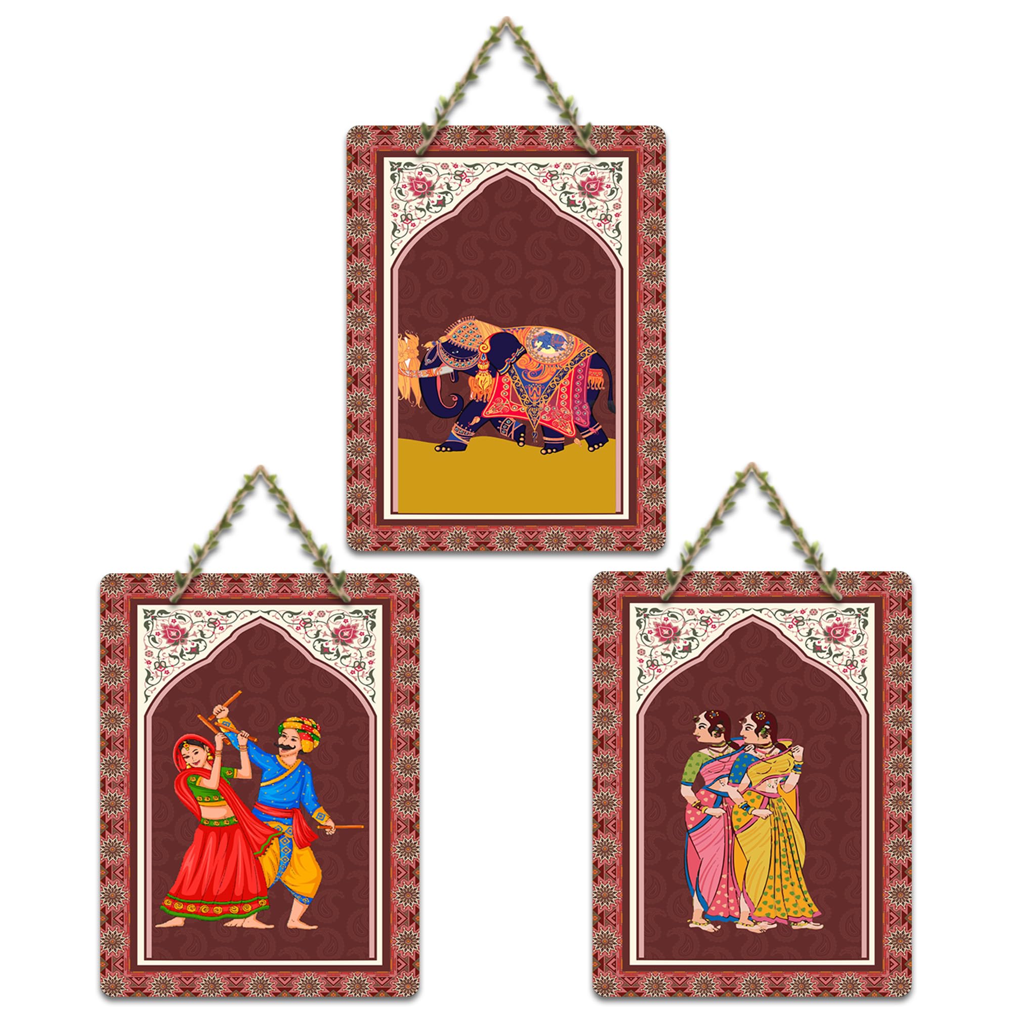 Artvibes Rajasthani Art Home Decorative MDF Wooden Wall Art for Home | Modern Decoration Items | Living Room | Bedroom | Office | Art Print | Aesthetic Wooden Decor | Ideal Gifts (WH_96148N), Set of 3
