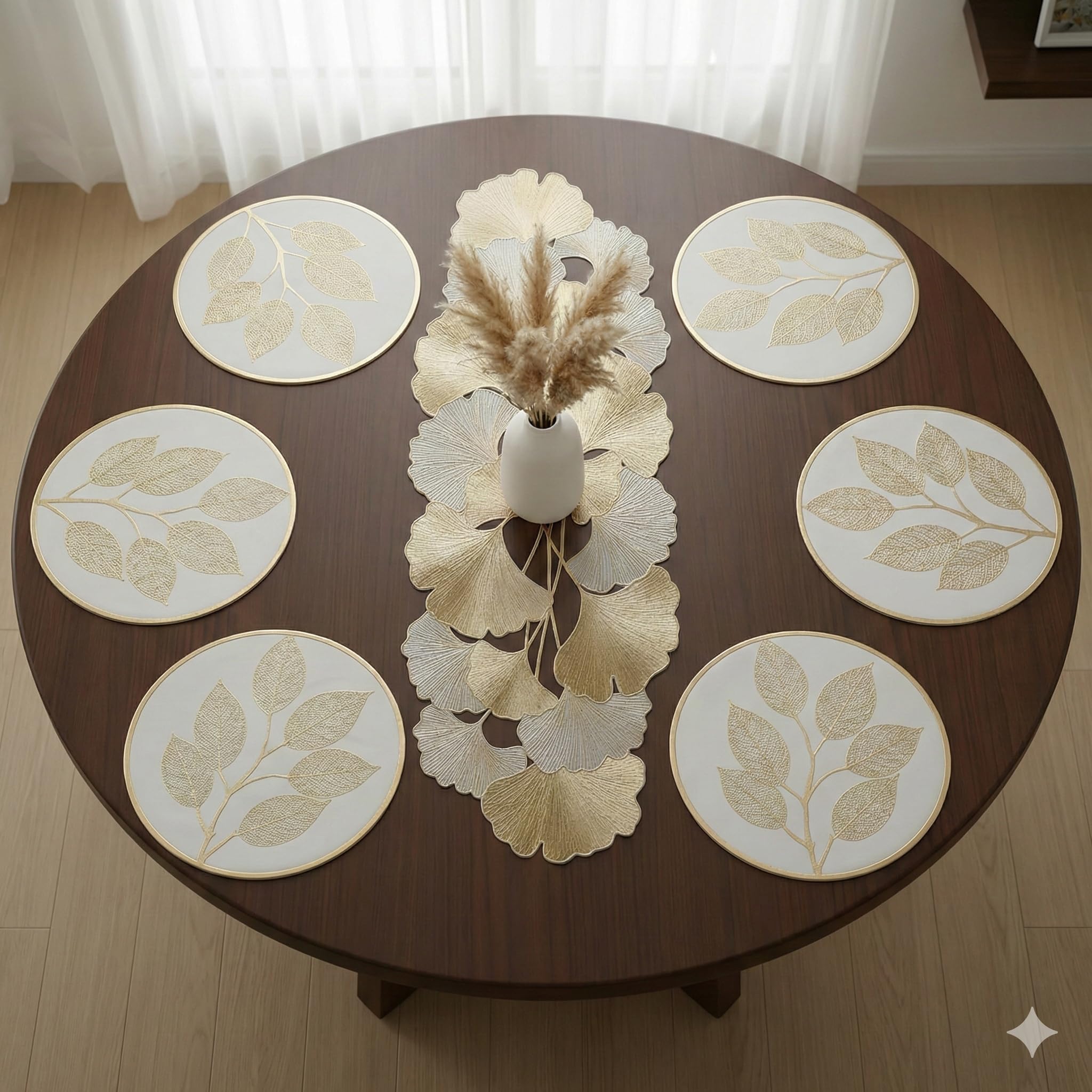 Combo Table Mat and Table Runner Set for Dining Table |Complete Table Cover Set for Plates & Cutlery |Suitable for Home and Everyday Use (Combo Petals Circular + Tulip Combo, 6 pcs + 1 Runner) Kafalo