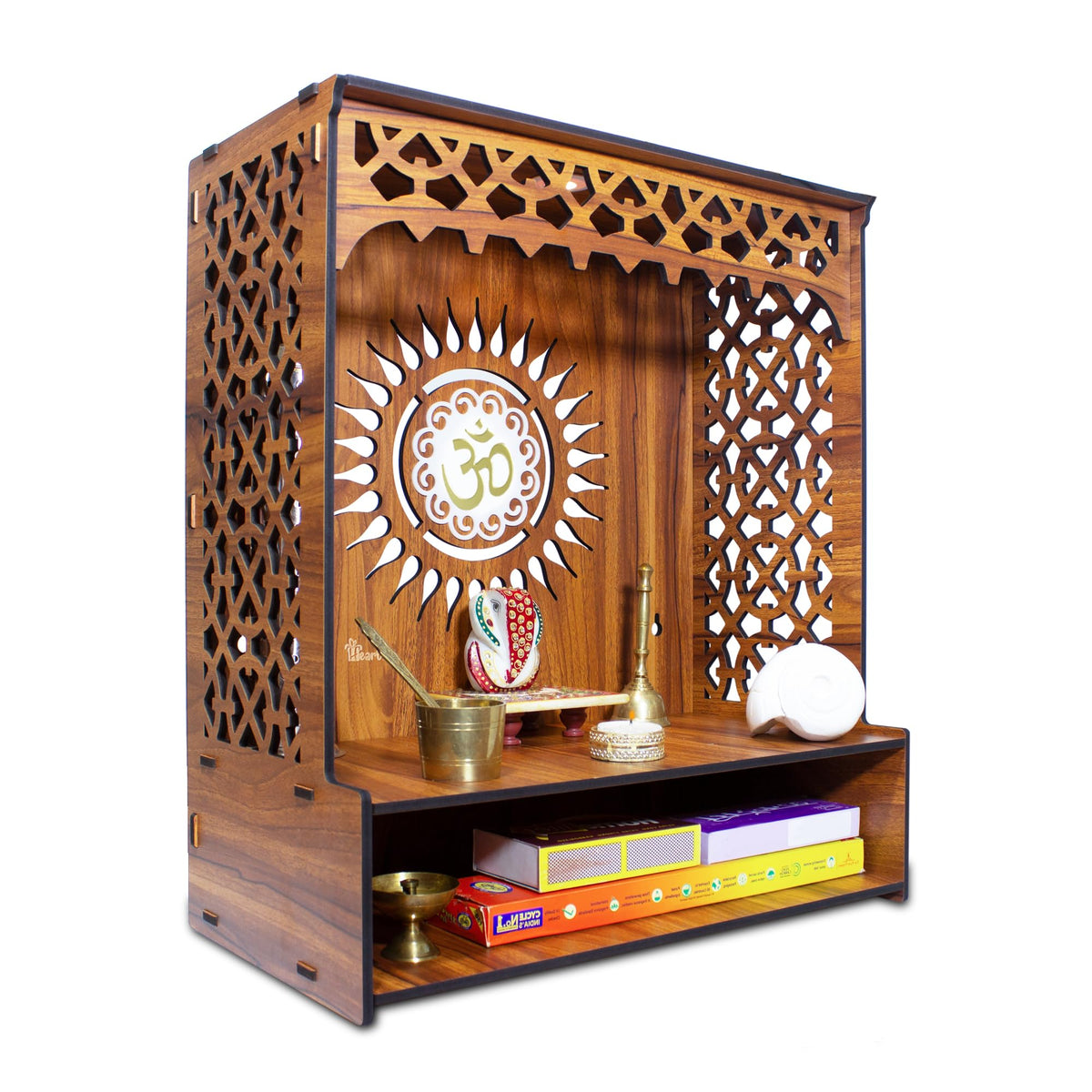 Heartily® Aastha Beautiful Wooden Pooja Mandir for Home or Puja Temple Stand for Office and Shops with Led spot Light (H- 18, L- 16, W-8.75 Inch)