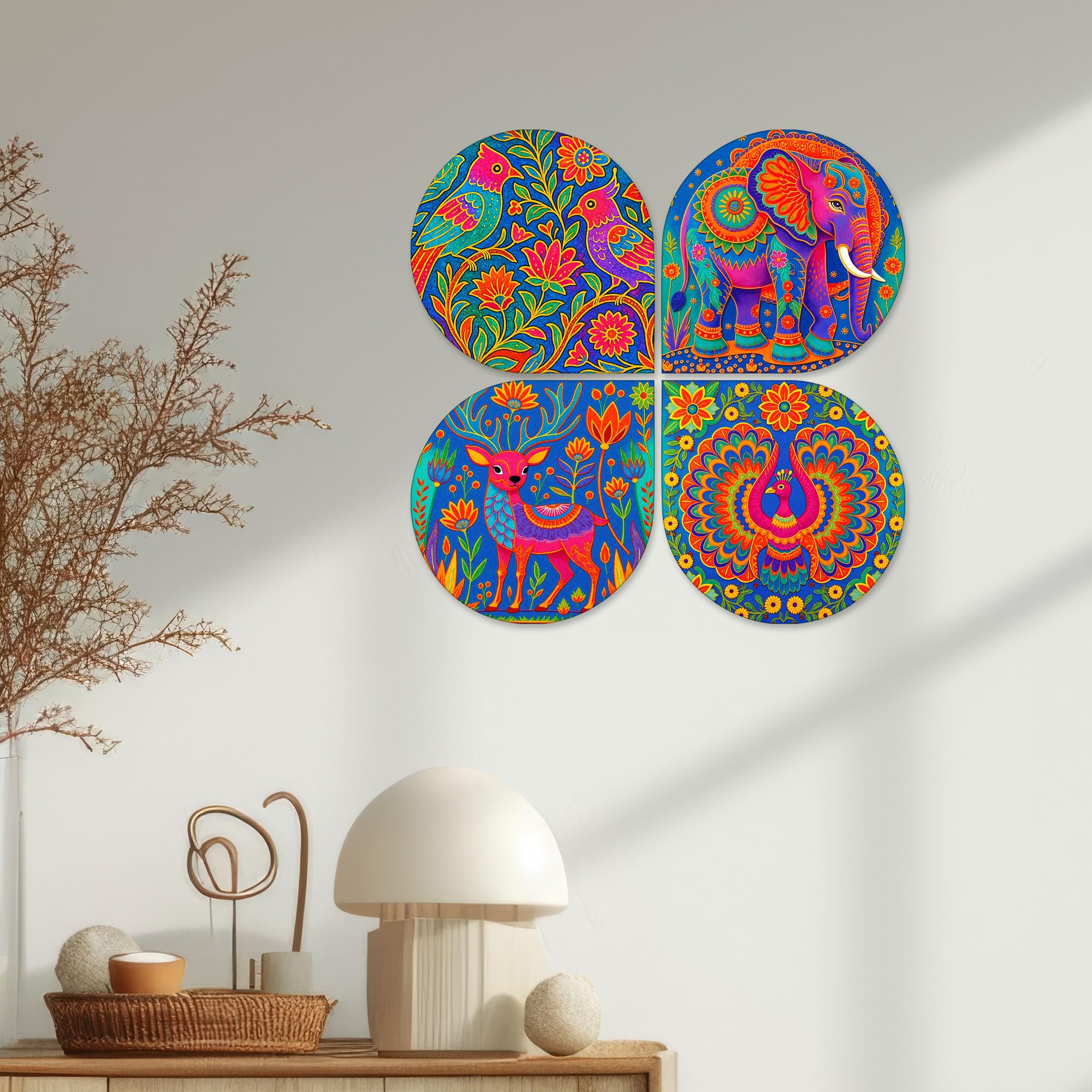 Artvibes Nature & Wildlife Wooden Wall Hanger for Home Decor | Art For Wall | Door Decoration Items | Paintings For Wall | Wall Art Print | Handcrafted Art | Unique Gift Items (WH_8449N), Set of 4