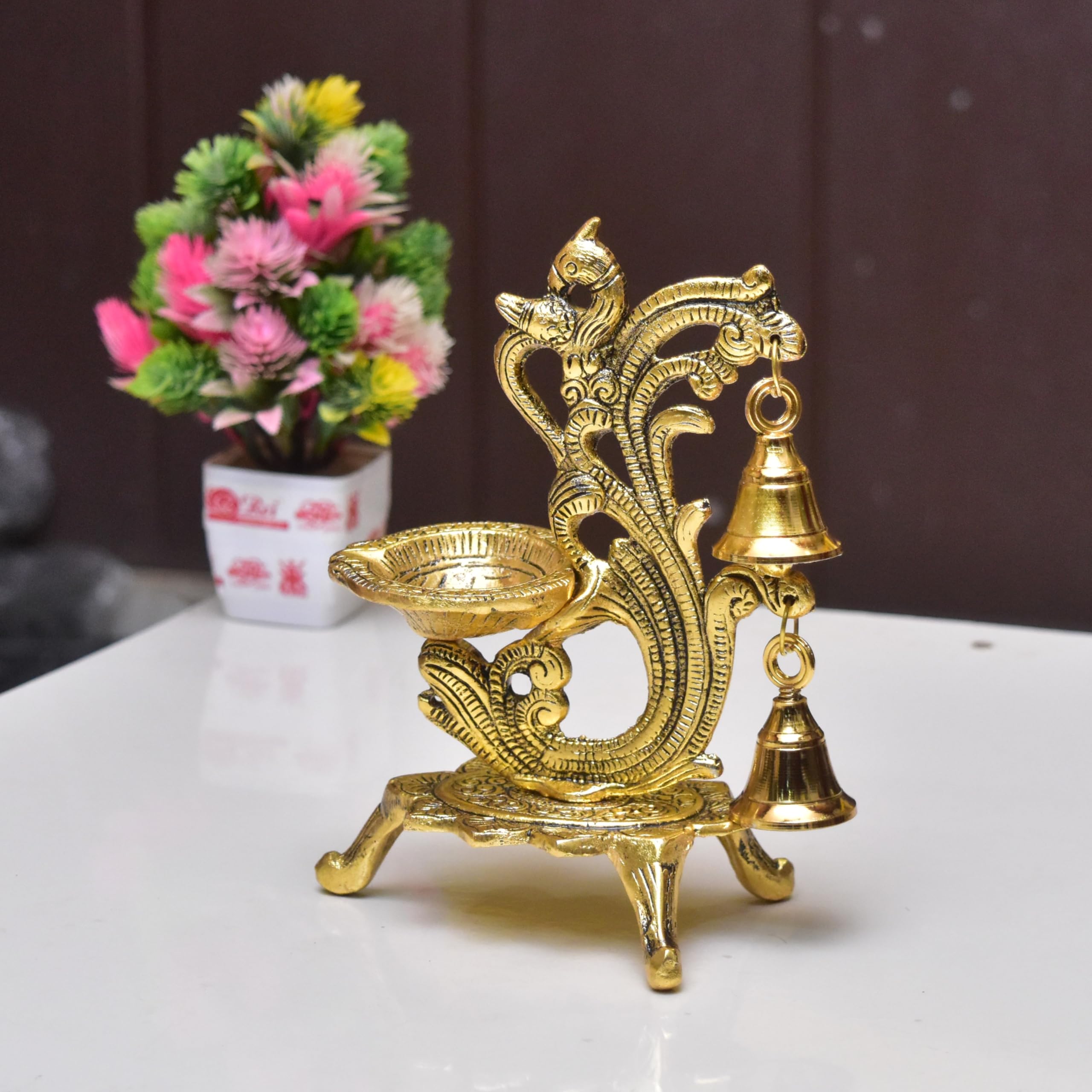 KridayKraft Aluminium Diya for Puja Room Oil Lamp in Peacock Design with Bell (Gold, Pack of 1 Pcs)