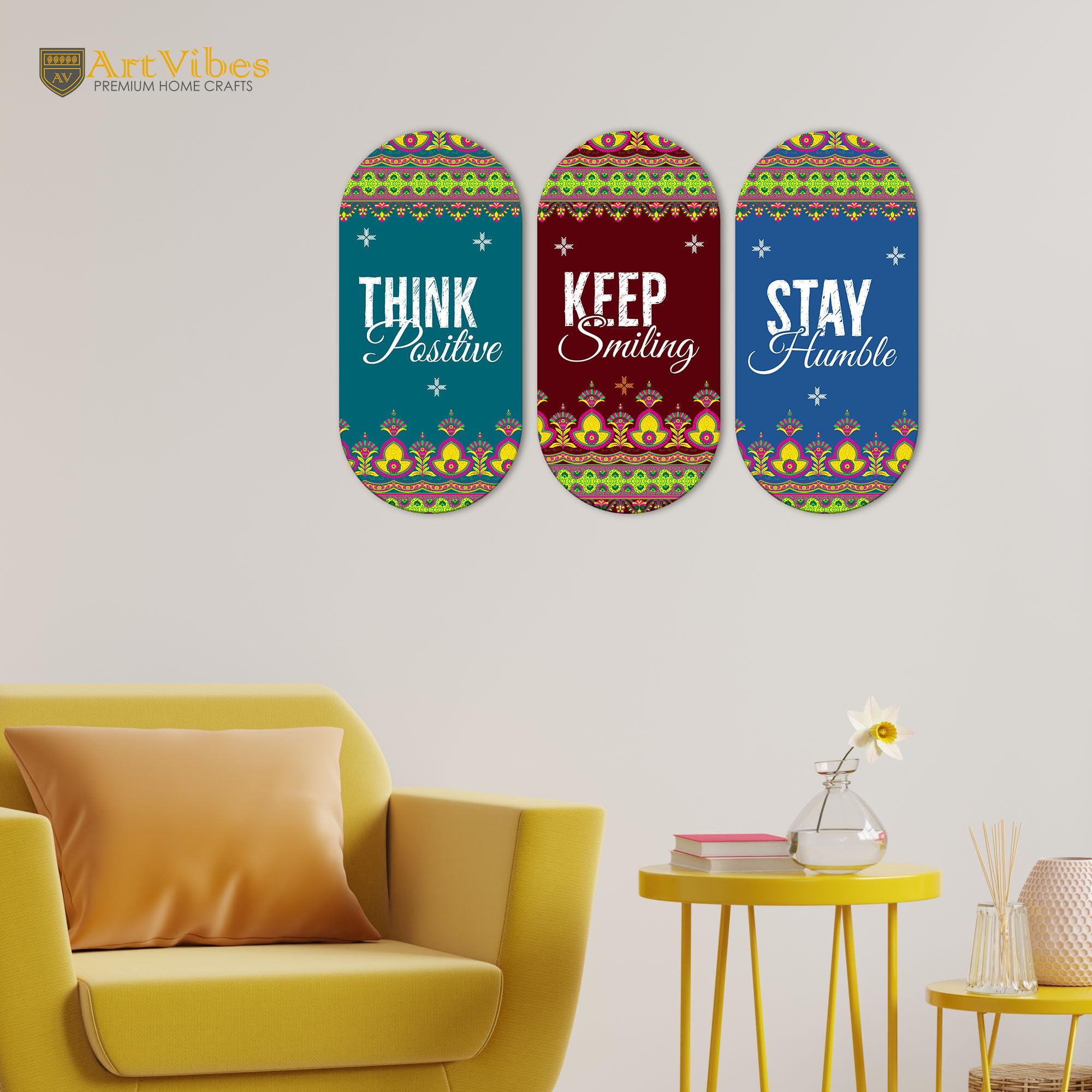 Artvibes Stay Humble Positive Quotes Printed Wooden Wall Hanger for Home | Office | Living Room | Gift | Modern Decoration Items | Kitchen Wall Decor | Artworks (WH_9004N), Set of 3