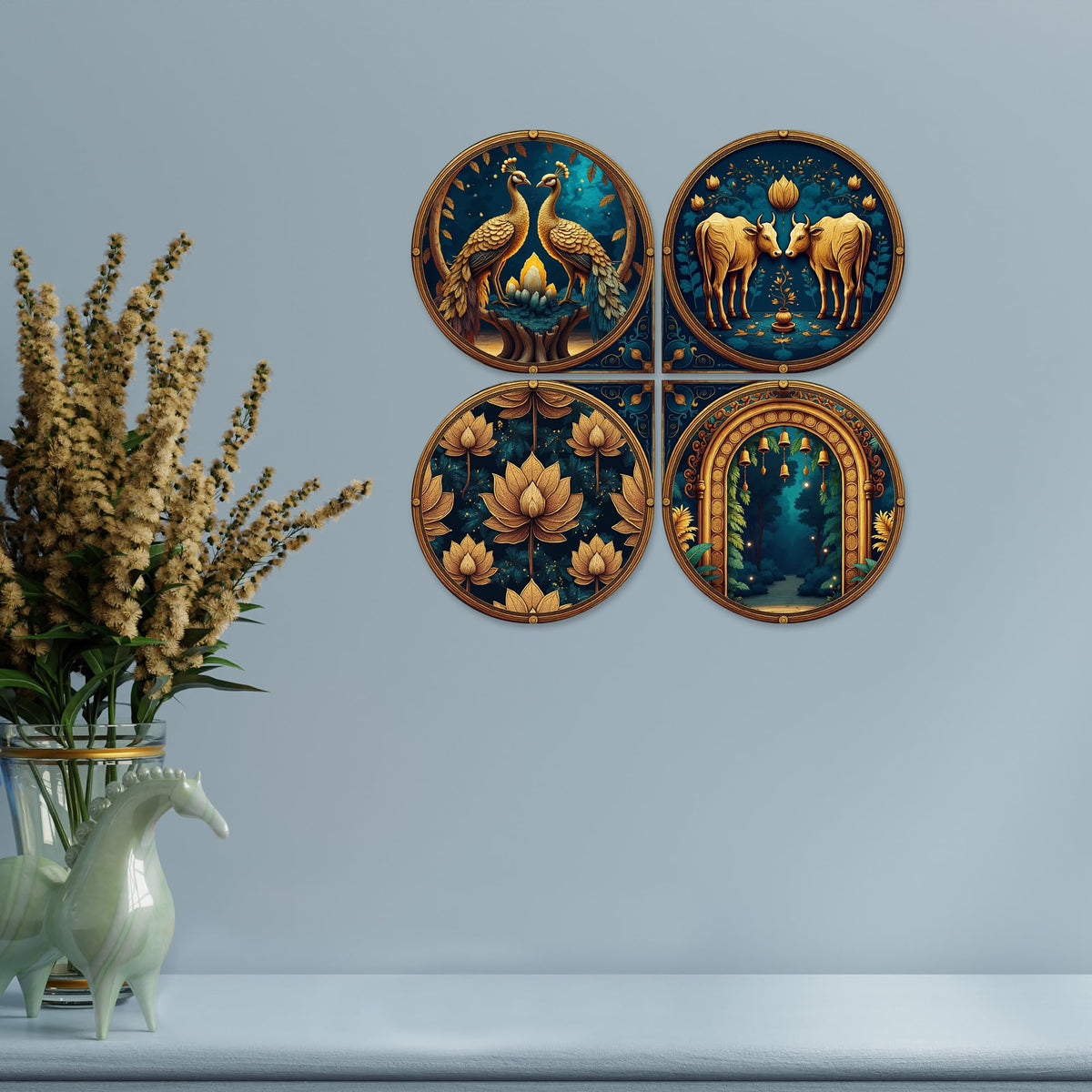 Artvibes Nature Decorative Wall Hanging Ornaments | Living Room | Office | Cafe | Painting Wall Decor | Scenery For Drawing Room | Wall Poster | Handcrafted Art | Unique Gift (WH_8462N), Set of 4