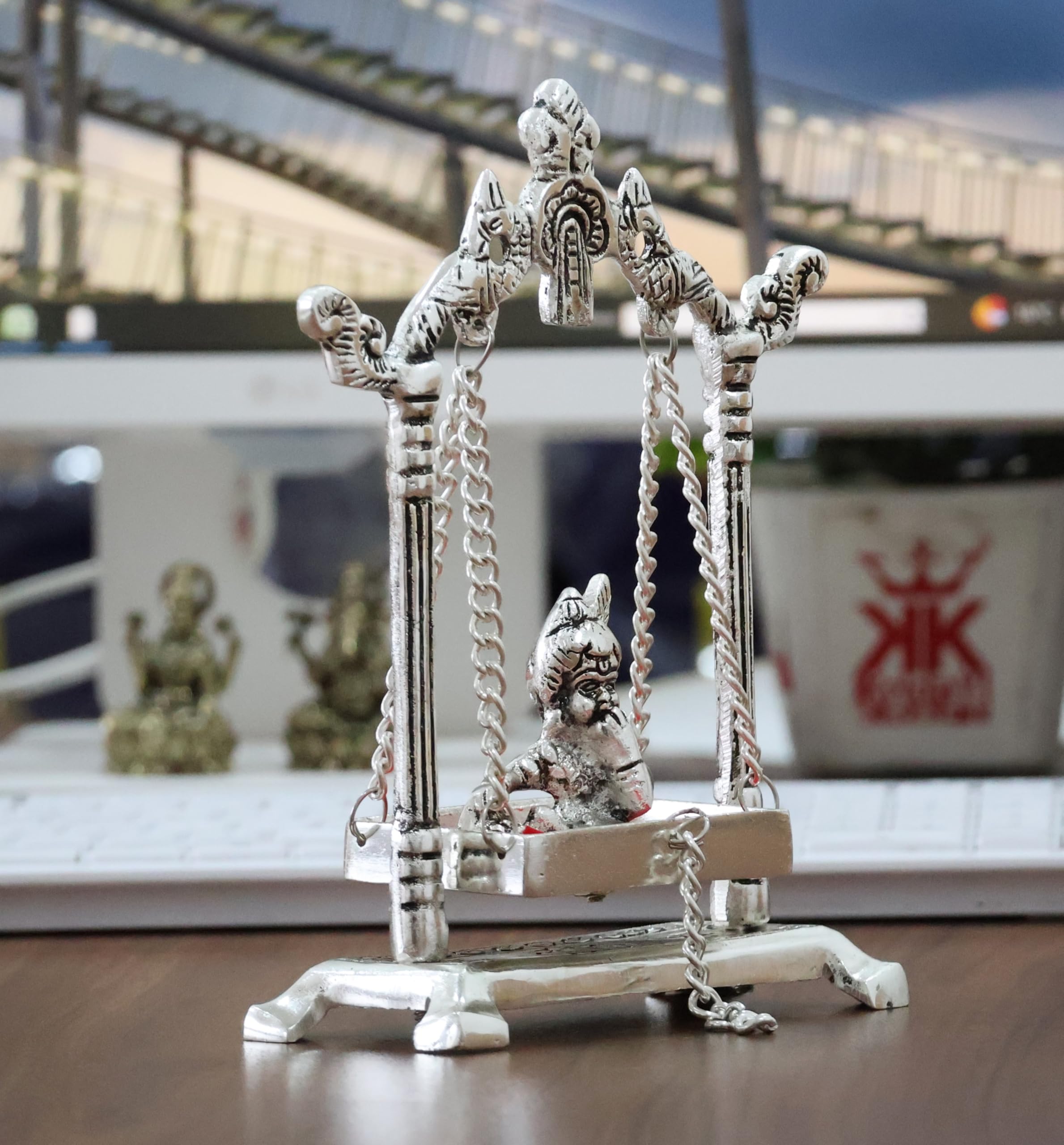 KridayKraft Laddu Gopal on Jhulla Palana Metal Statue Gold Plated Metal Krishna Murti Showpiece Religious Figurines Gift Article for Home and Office Table and Car Dashboard Decor