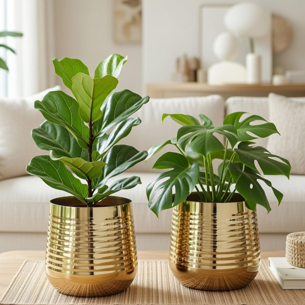 BEHOMA Metal Ribbed Design Planter for Home, Golden - Set of 2