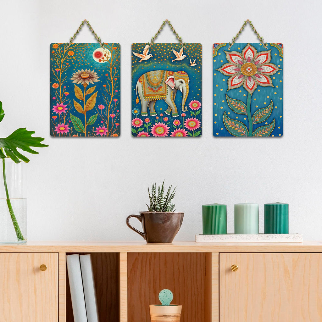 Artvibes Nature Theme Wall Art Decorative MDF Wooden Wall Art for Home | Living Room | Office | Cafe | Painting Wall Decor | Wall Poster | Ethnic Wall Decor | Unique Gift (WH_96116N), Set of 3