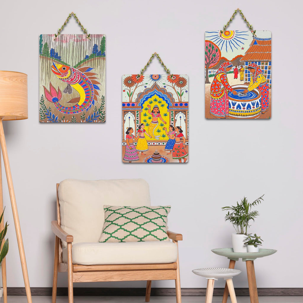 Artvibes Traditional Cultural Artwork Decorative MDF Wooden Wall Art for Home | Handcrafted Art | Festive Decor | Aesthetic Wooden Decor | Paintings For Wall | Ideal Gifts (WH_96129N), Set of 3