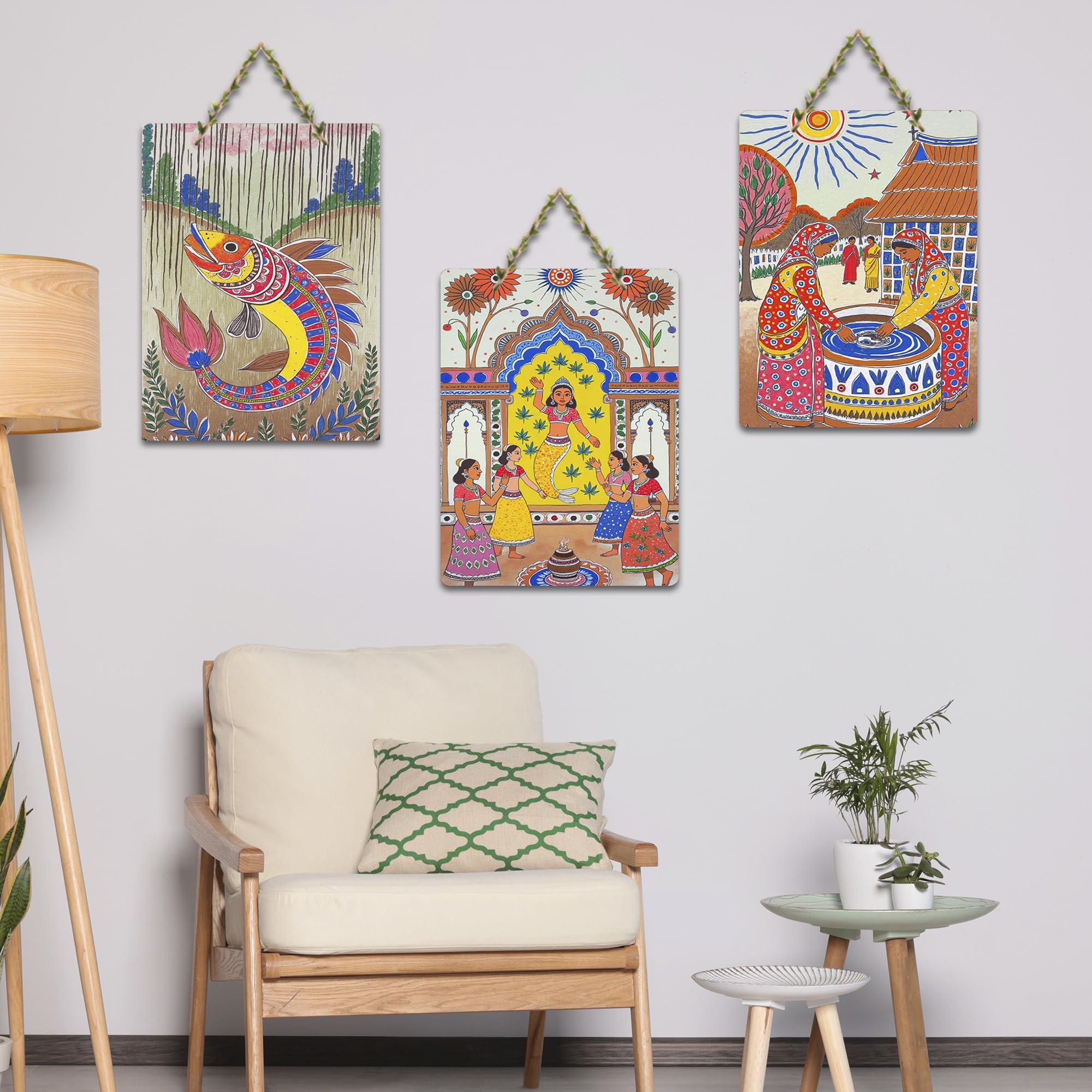 Artvibes Traditional Cultural Artwork Decorative MDF Wooden Wall Art for Home | Handcrafted Art | Festive Decor | Aesthetic Wooden Decor | Paintings For Wall | Ideal Gifts (WH_96129N), Set of 3