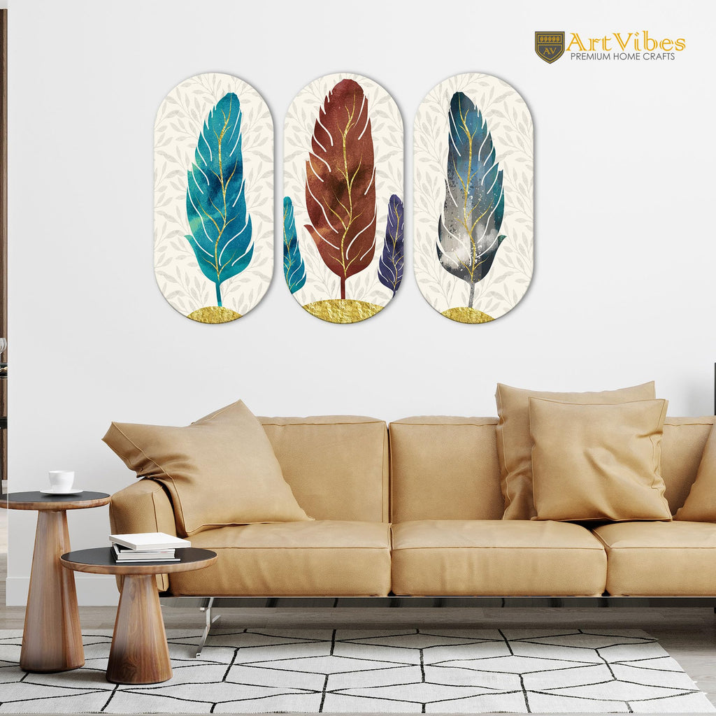 Artvibes Feather Wooden Art Decoration Item for Home | Graphic Artwork | Decoration Wall Hanging Items | Wall Sculpture | Wall Illustrations | Aesthetic Wall Art | Ideal Gifts (WH_9014N), Set of 3