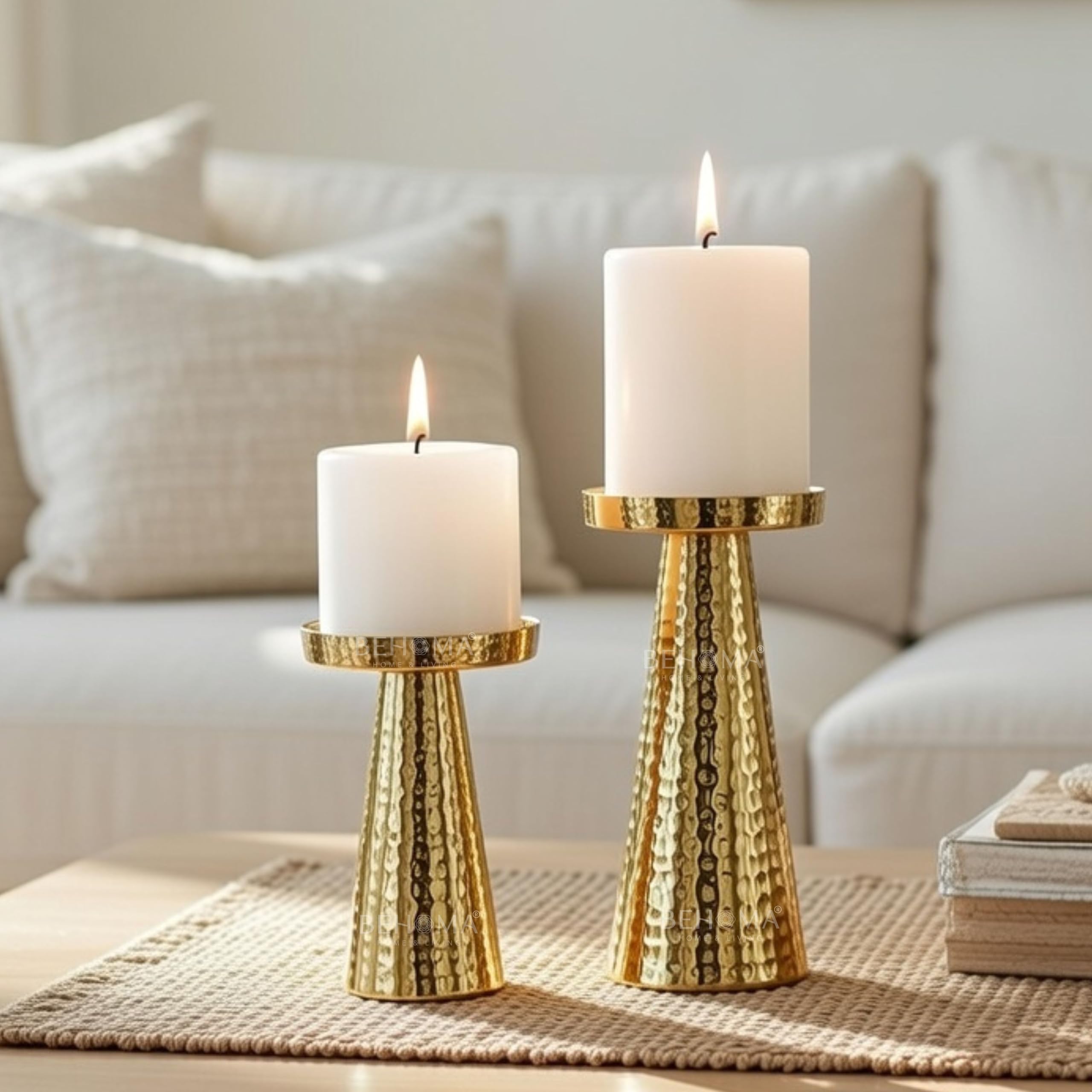 Behoma Hammered Large Metal Set of 2 Pillar Candle Holder with Gift Box