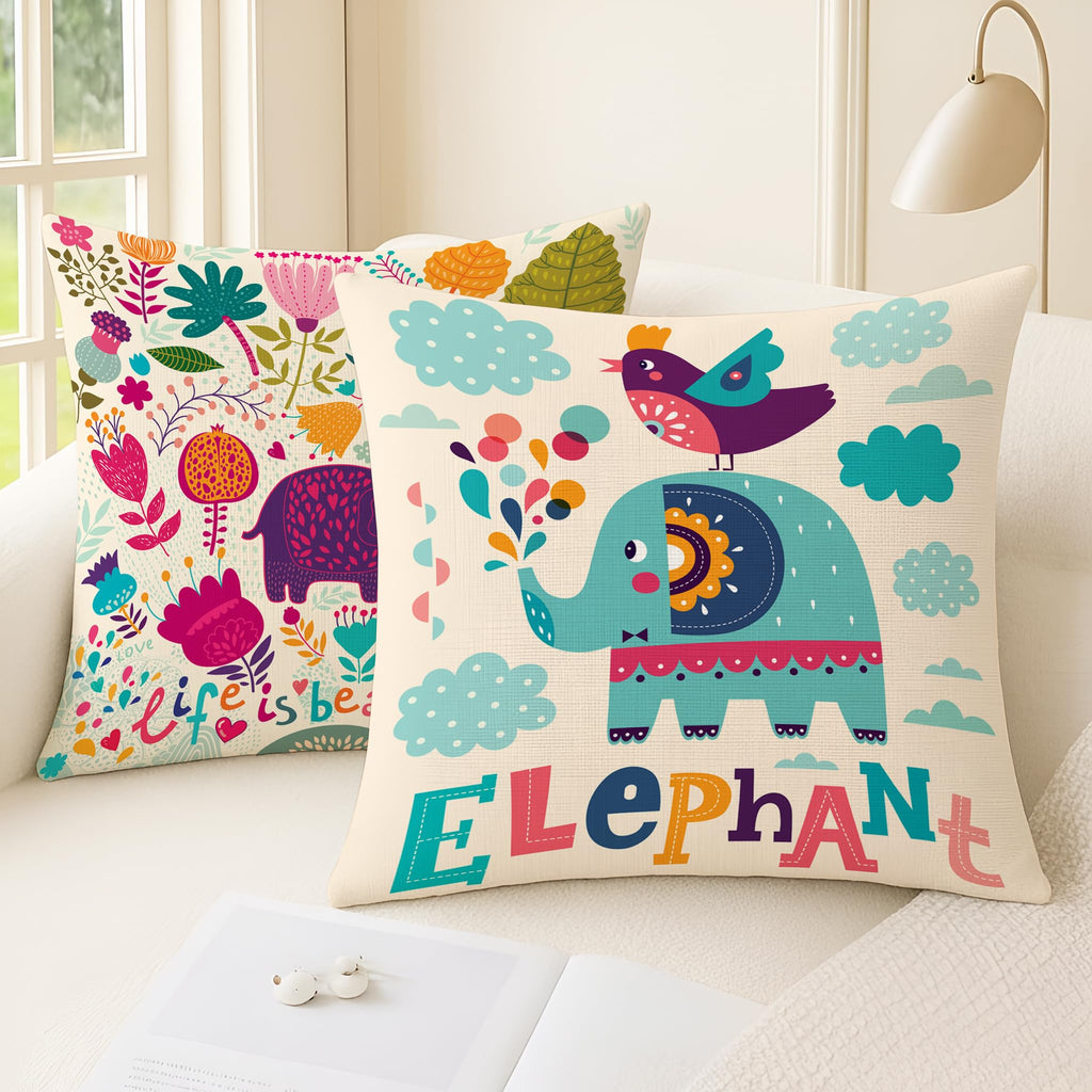 STITCHNEST Set of 2 Polycotton Cushion Covers – 24x24 Inches – Multicolor Elephant & Jungle Design – Fun and Vibrant Covers for Kids' Room, Sofa, or Living Area