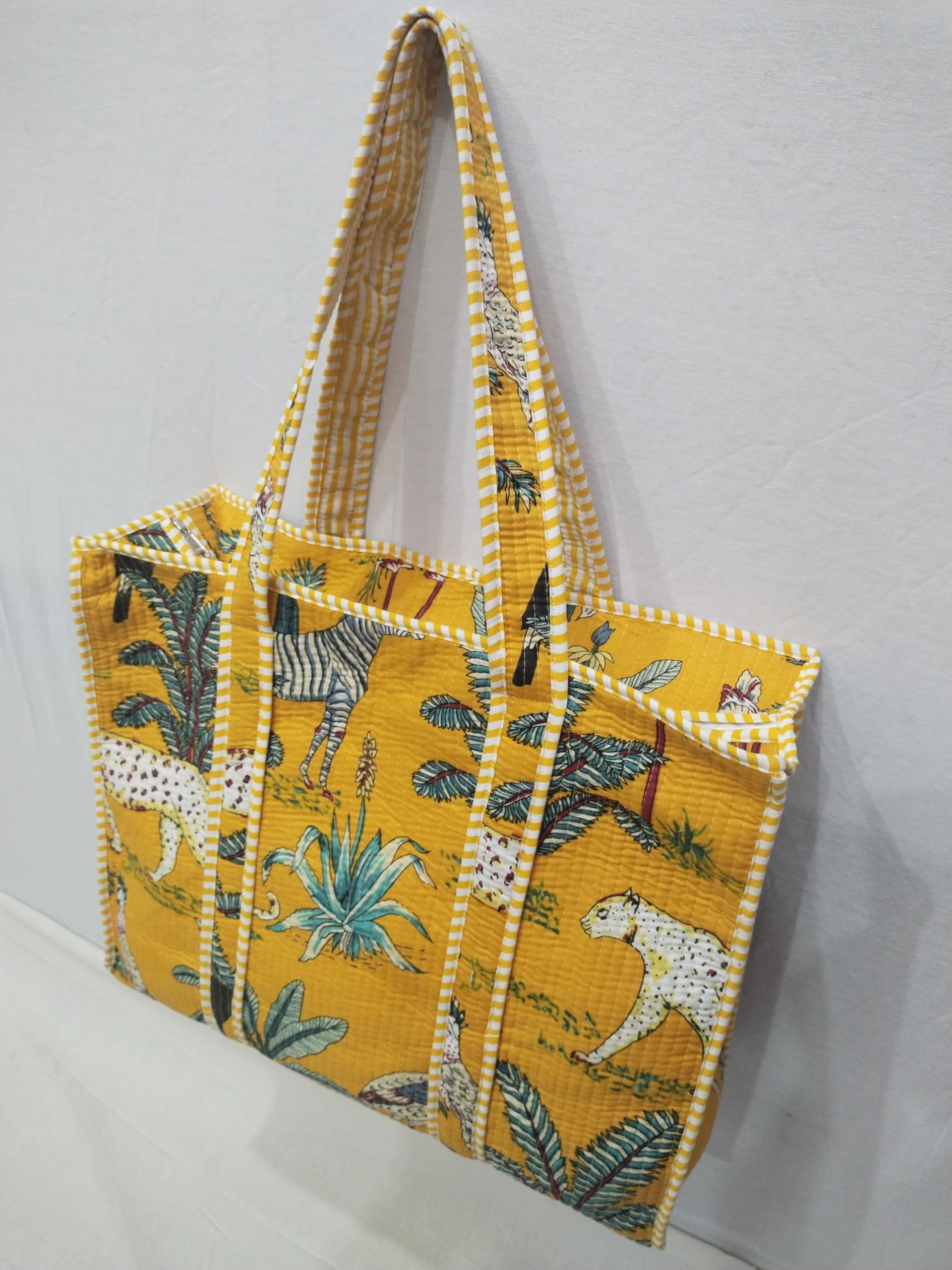 Doraya Cotton Printed Tote Bag,Hand Bag Multicolor Quilted Hand Block Floral Printed Women's Carry Bag Shoulder Shopping Tote Bags 18x5.5x16 Inch (Yellow 5)