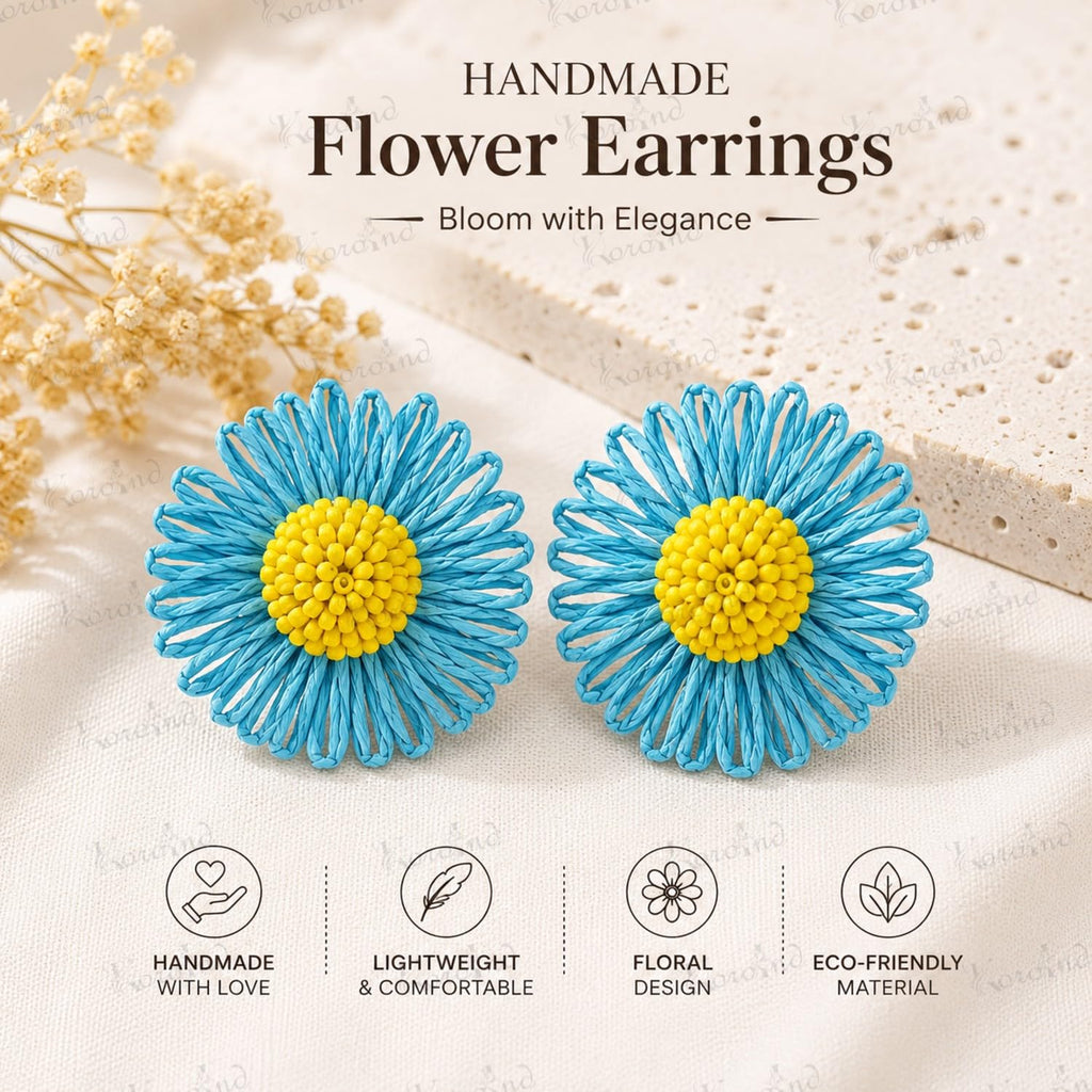 KOROIND Handmade Flower Earrings for Women & Girls | Bohemian Daisy Floral Stud Earrings | Lightweight Woven Raffia Statement Earrings | Beaded Center Summer Beach Vacation Party Fashion Jewelry